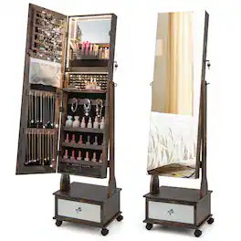 Costway - Jewelry Cabinet Armoire Full-Length Mirror Lockable with 3-Color LED Lights - Coffee
