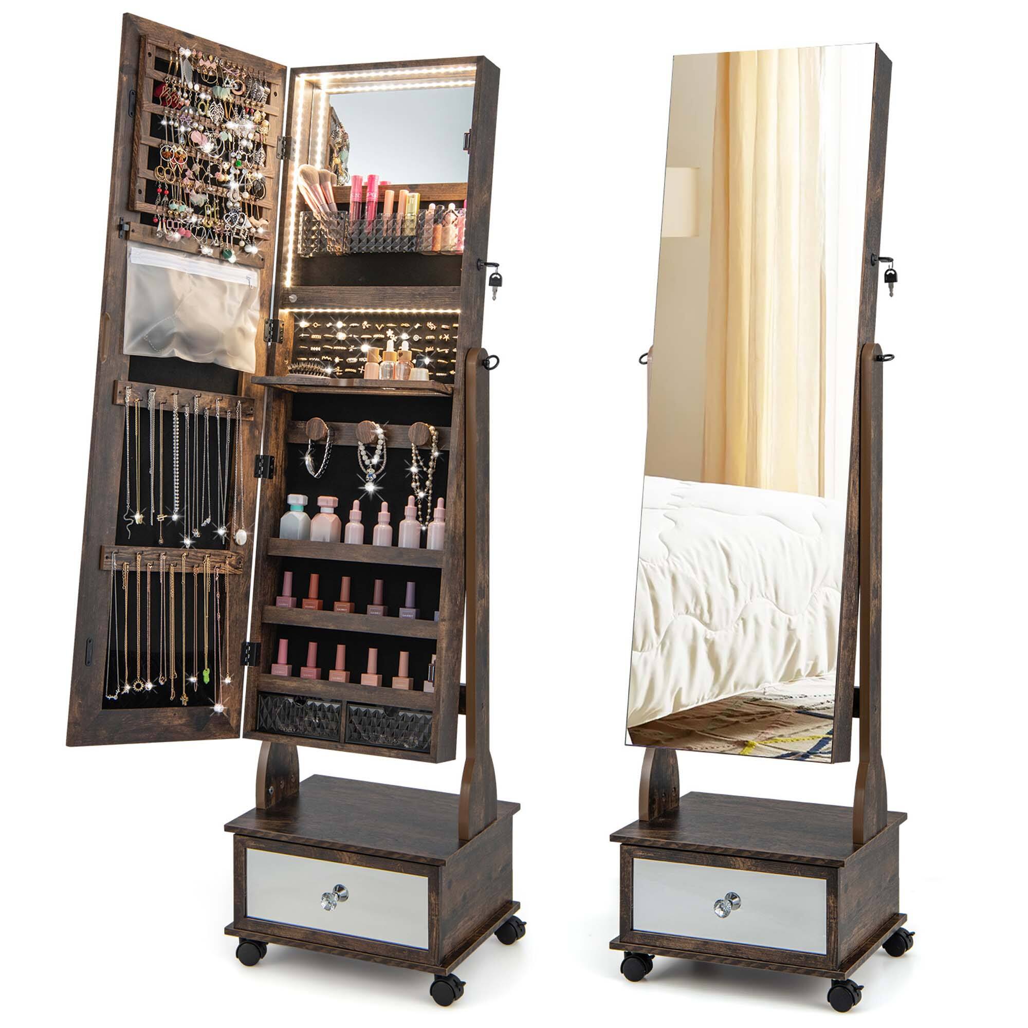 Front. Costway - Jewelry Cabinet Armoire Full-Length Mirror Lockable with 3-Color LED Lights Coffee - Coffee.