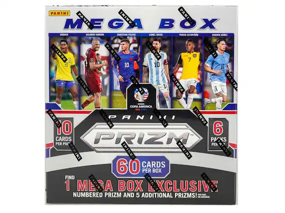 PANINI MEGA BOX
ENDRICK SALOMON RONDON CHRISTIAN PULISIC LIONEL MESSI PERVIS ESTUPINAN DARWIN NUNEZ
PANINI PRIZM
60 CARDS PER BOX
FIND 1 MEGA BOX EXCLUSIVE NUMBERED PRIZM AND 5 ADDITIONAL PRIZMS! PER BOX ON AVERAGE
CONMEBOL COPA AMERICA USA 2021
10 CARDS PER PACK
6 PACKS PER BOX