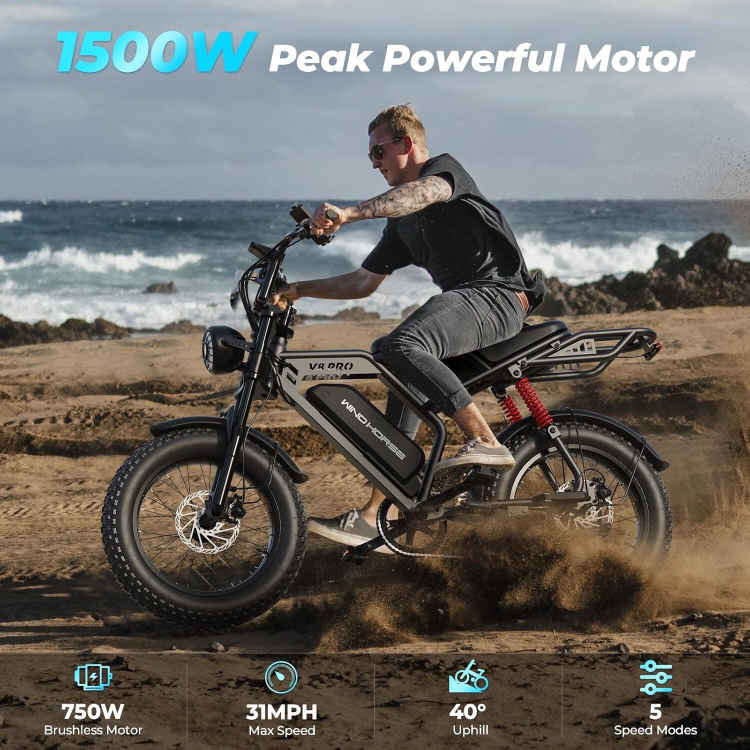 1500W Peak Powerful Motor  
750W Brushless Motor  
31MPH Max Speed  
40° Uphill  
5 Speed Modes