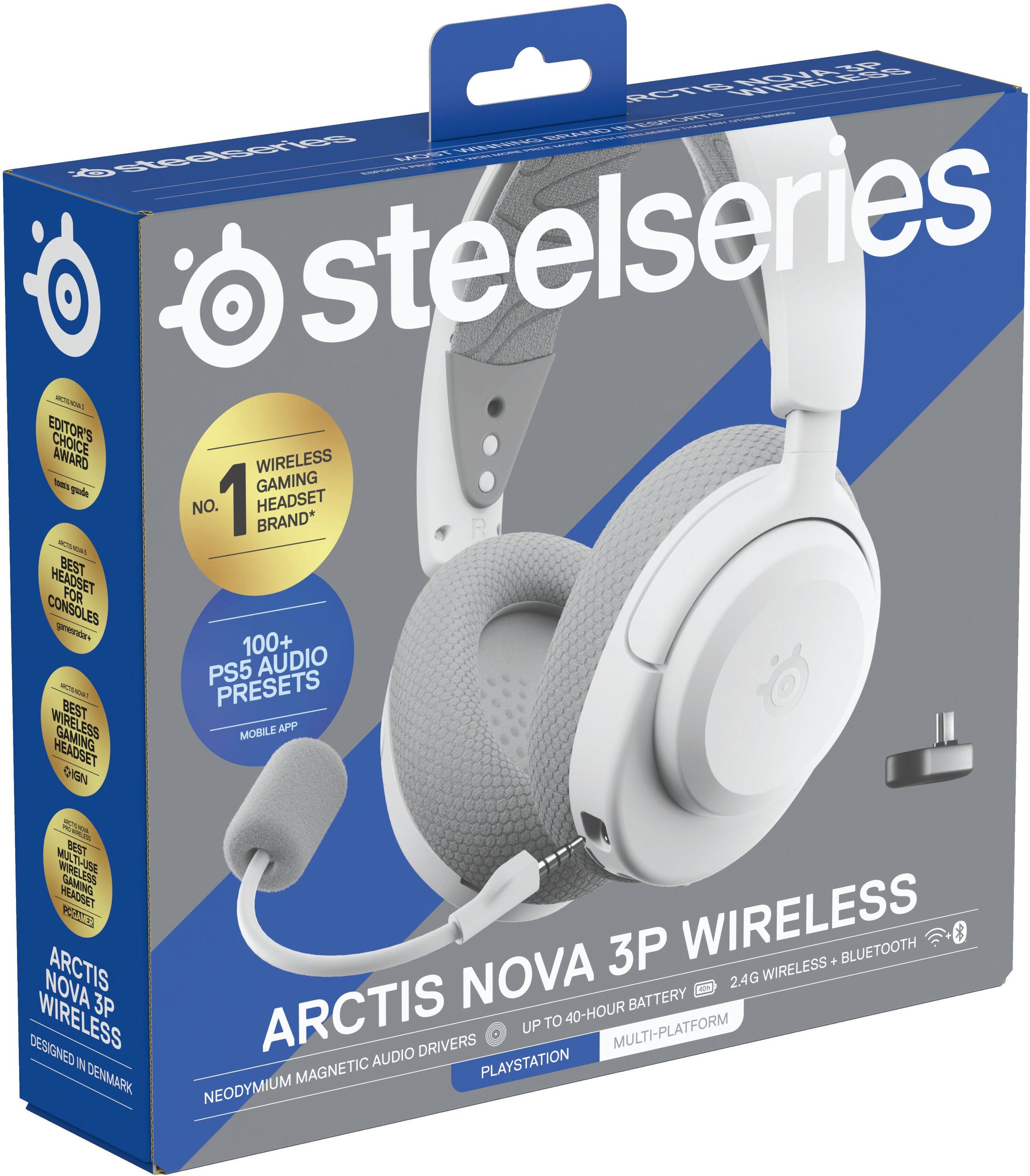 Sure, here is the corrected and grouped text from the image:

---

**SteelSeries**

**ARCTIS NOVA 3P WIRELESS**

- **WIRELESS GAMING HEADSET**
- **NO. 1 GAMING HEADSET BRAND***
- **EDITOR'S CHOICE AWARD**
- **BEST HEADSET FOR CONSOLES**
- **100+ PS5 AUDIO PRESETS**
- **BEST WIRELESS MOBILE APP HEADSET**
- **BEST MULTI-USE WIRELESS HEADSET**
- **DESIGNED IN DENMARK**
- **NEODYMIUM MAGNETIC AUDIO DRIVERS**
- **UP TO 40-HOUR BATTERY**
- **2.4G WIRELESS + BLUETOOTH**
- **MULTI-PLATFORM**
- **PLAYSTATION COMPATIBLE**
- **MOBILE APP**

*SteelSeries is the No. 1 gaming headset brand according to a leading global market research firm.

---

This text is grouped and corrected to reflect the information on the packaging.