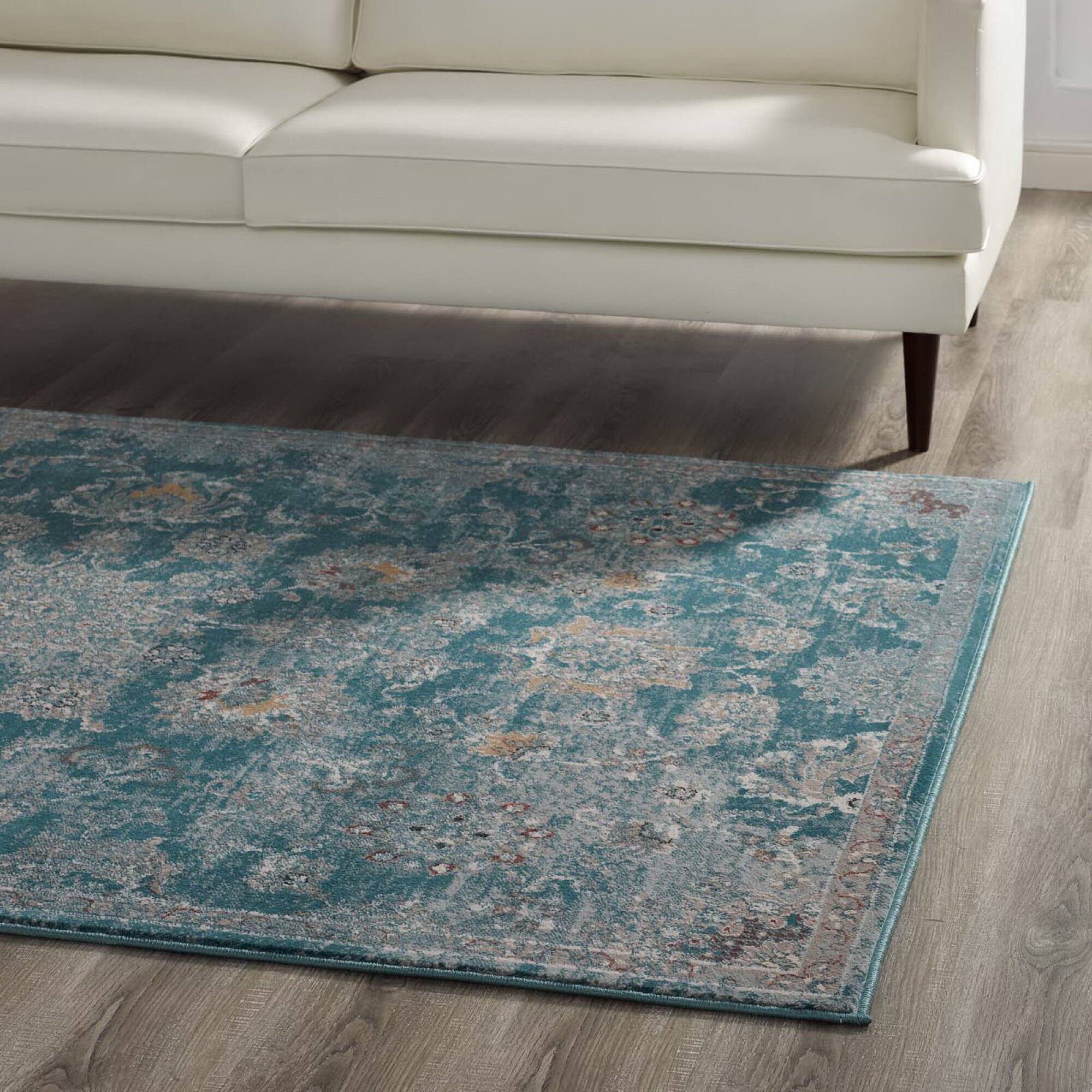 Back. Modway - Cynara Distressed Floral Vintage Medallion Area Rug - Silver Blue Teal and Beige.