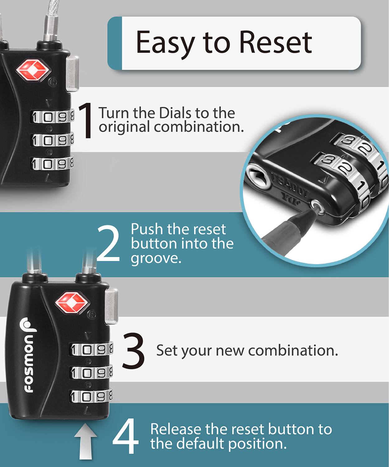 Easy to Reset

1. Turn the Dials to the original combination.
2. Push the reset button into the groove.
3. Set your new combination.
4. Release the reset button to the default position.