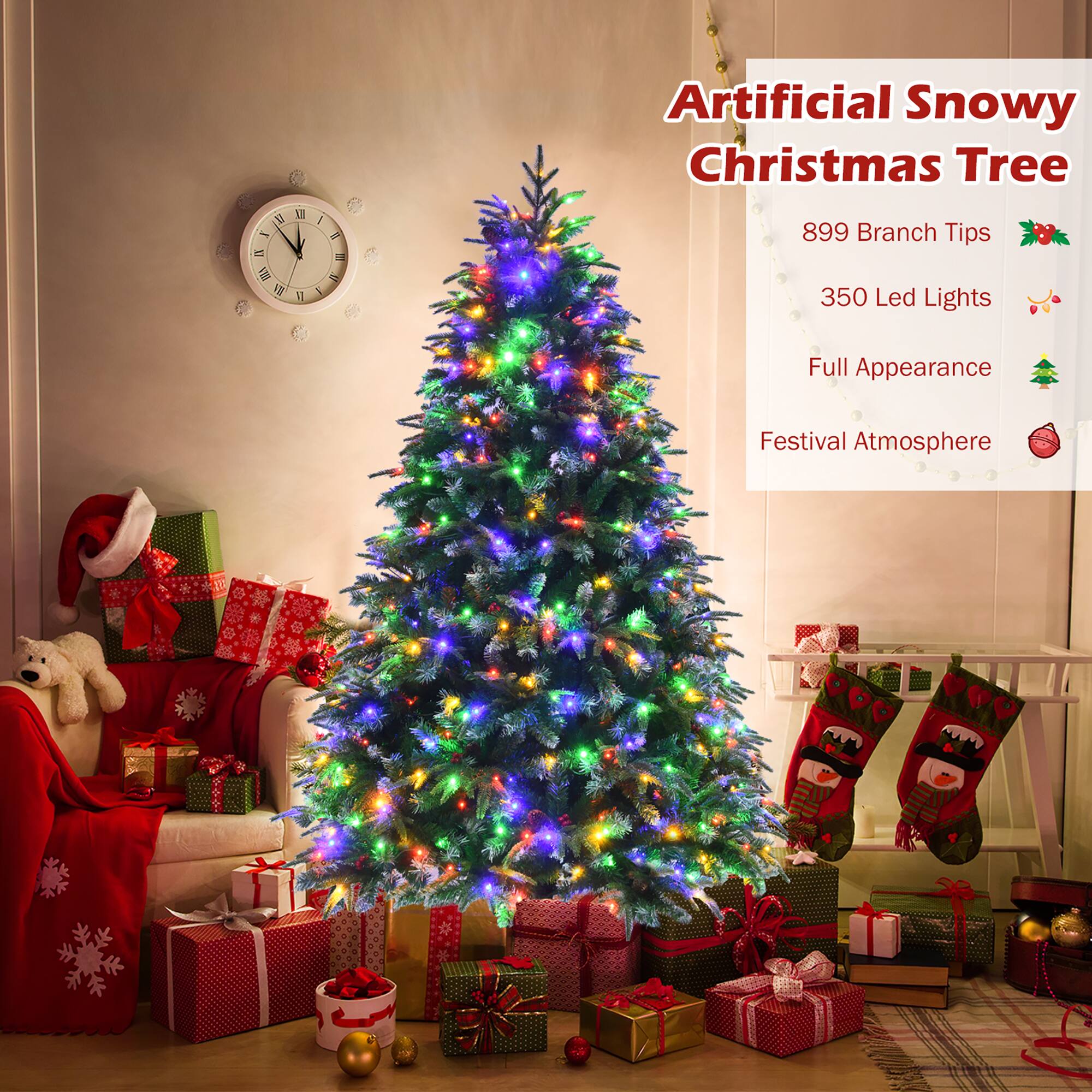 Artificial Snowy Christmas Tree: 899 Branch Tips, 350 LED Lights, Full Appearance, Festival Atmosphere.