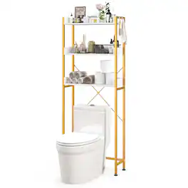 Costway - 3-Tier Over-The-Toilet Bathroom Shelf Metal Frame Space Saver Rack with 4 Hooks - White,Gold