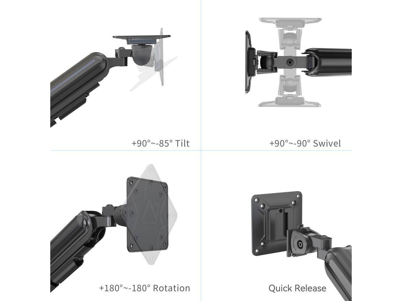 +90°~-85° Tilt  
+90°~-90° Swivel  
+180°~-180° Rotation  
Quick Release