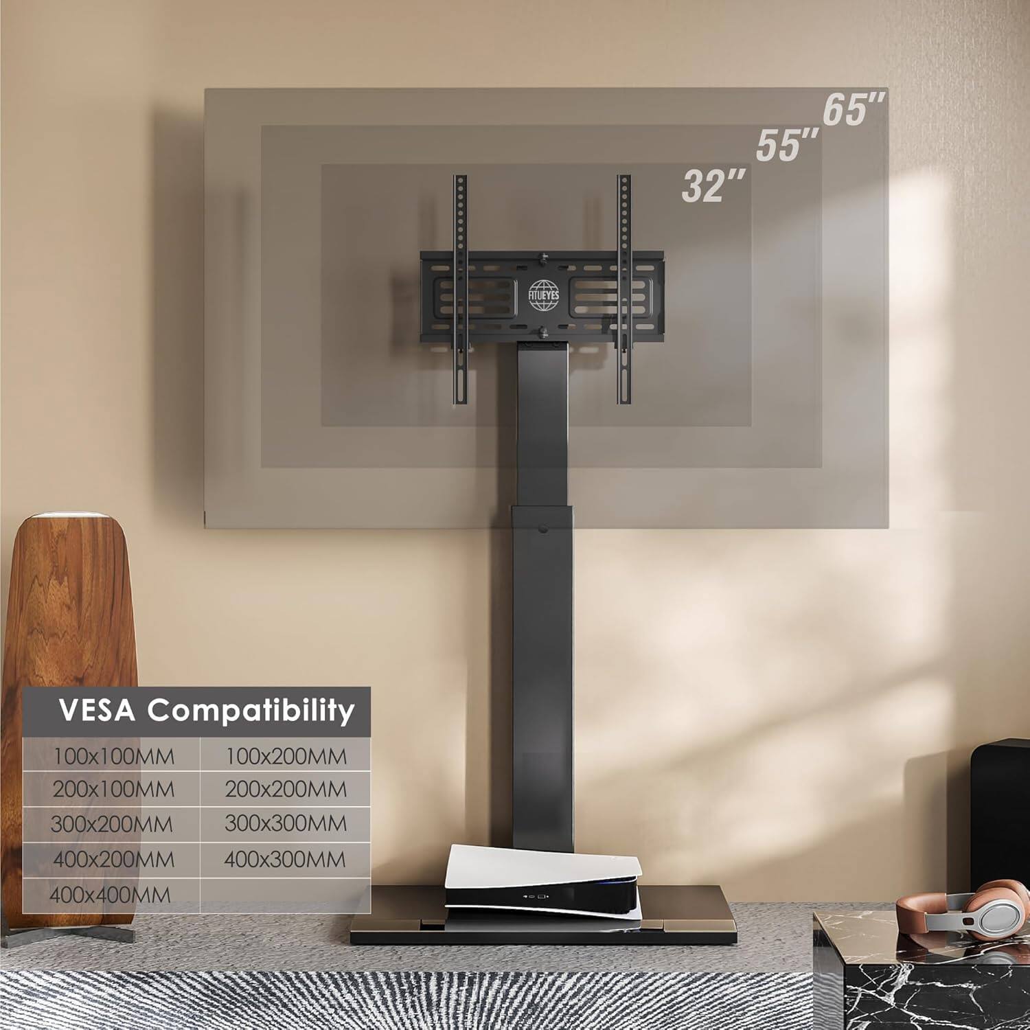 Sure, here is the corrected and grouped text:

---

**VES**A Compatibility

- 100x100MM
- 100x200MM
- 200x100MM
- 200x200MM
- 300x200MM
- 300x300MM
- 400x200MM
- 400x300MM
- 400x400MM

---

**Screen Sizes:**

- 32"
- 55"
- 65"