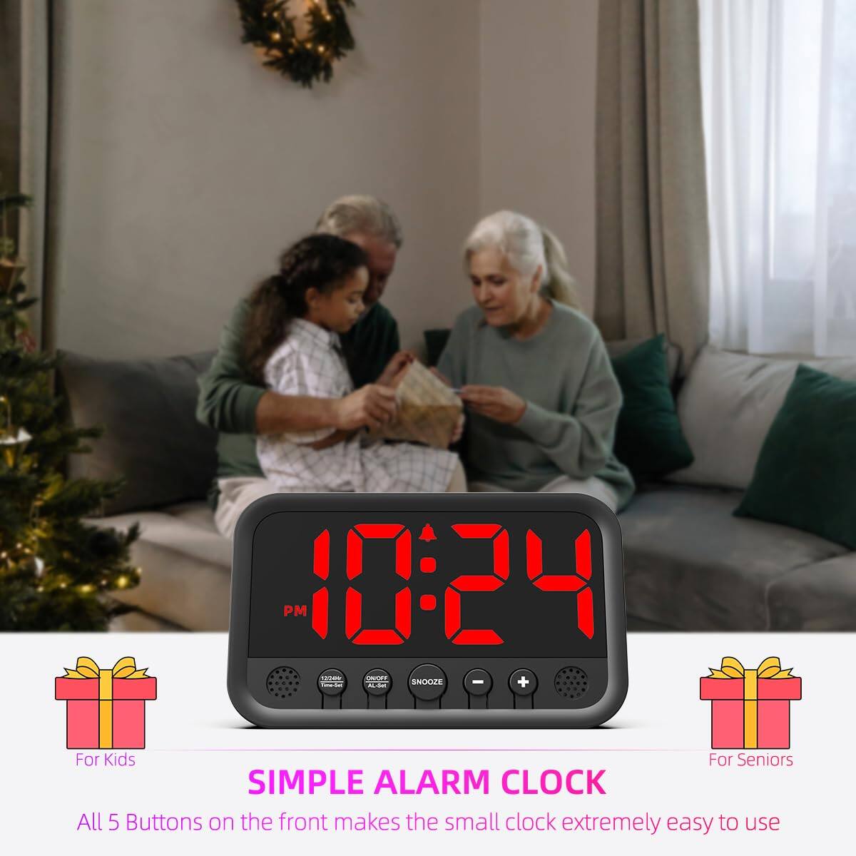 PM 10:24 n0m SOORT - SNOOZE I + A For Kids For Seniors SIMPLE ALARM CLOCK All 5 Buttons on the front makes the small clock extremely easy to use
