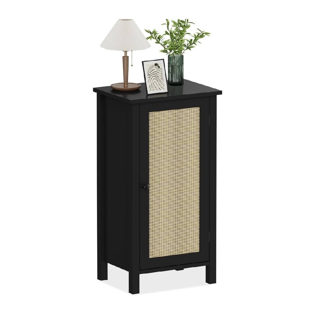 Alt View 2. GARVEE - Bamboo Storage Cabinet with Woven Rattan Door, 2-Tier Space-Saving Freestanding Organizer,Black - Black.