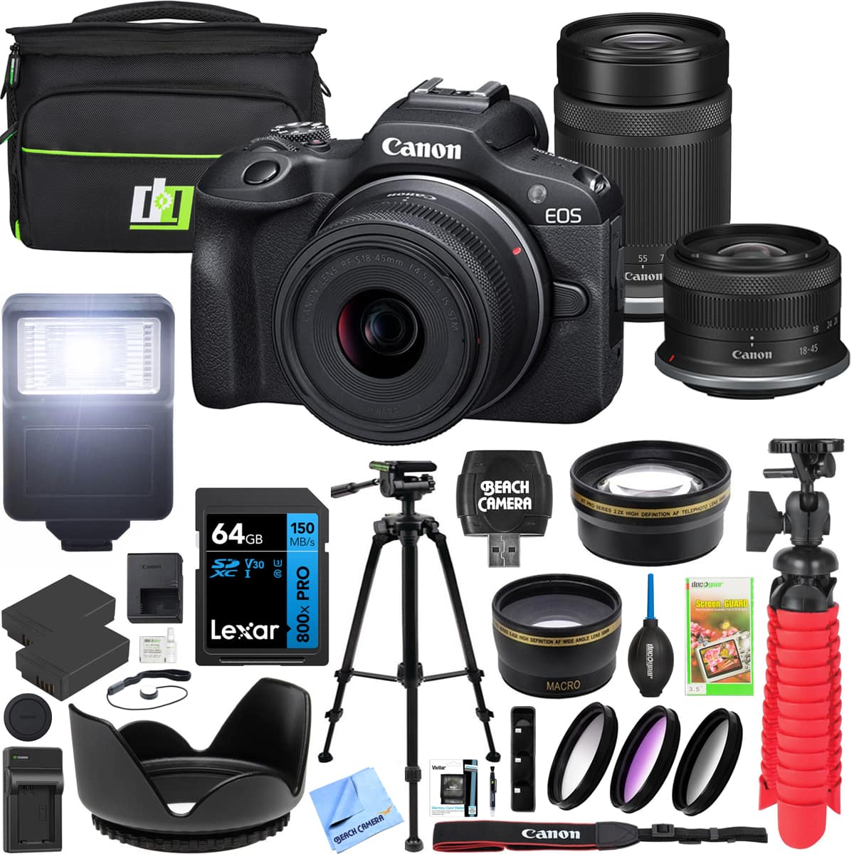 Canon EOS RE-518.45mm LENS  
1456 NONY SI WISIM  
55 i Canon  
Canon I 23 18-45 ES 1  
64GB 150 GB MB/s DEV  
XC I e PRO Lexar 800x  
CAMERA BERCH - BEACH CAMERA - S i M 5O - nAS Cdr  
dc Screen CUARD - - U - - a  
MACRO S 000 anon  

Canon EOS  
55 7  
Canon  
18-45  

64 GB  
150 MB/s  
800X PRO  
Lexar  

BEACH CAMERA  

MACRO  

1000  

Canon  

SCREEN GUARD  

Canon