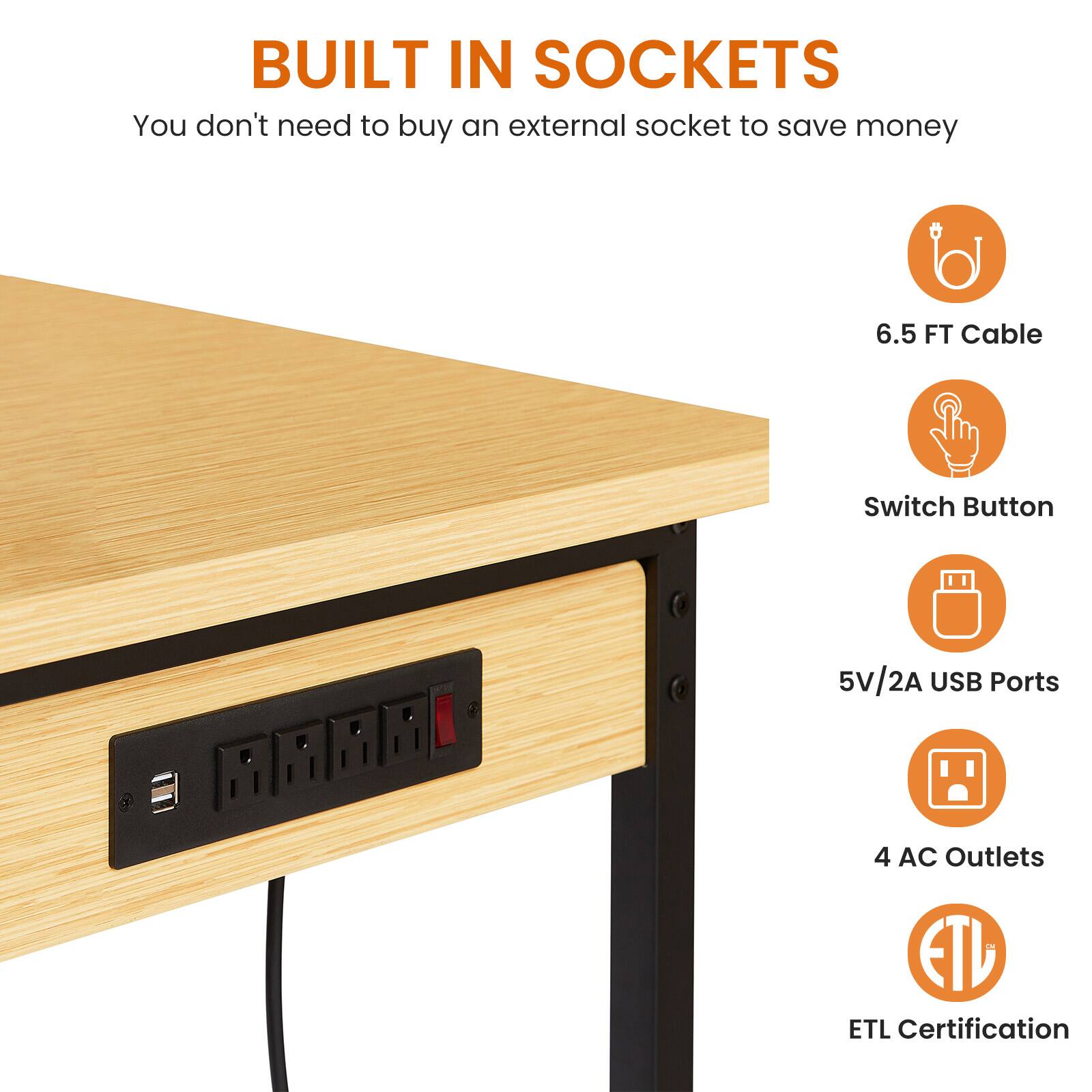 BUILT IN SOCKETS  
You don't need to buy an external socket to save money

- 6.5 FT Cable
- Switch Button
- 5V/2A USB Ports
- 4 AC Outlets
- ETL Certification