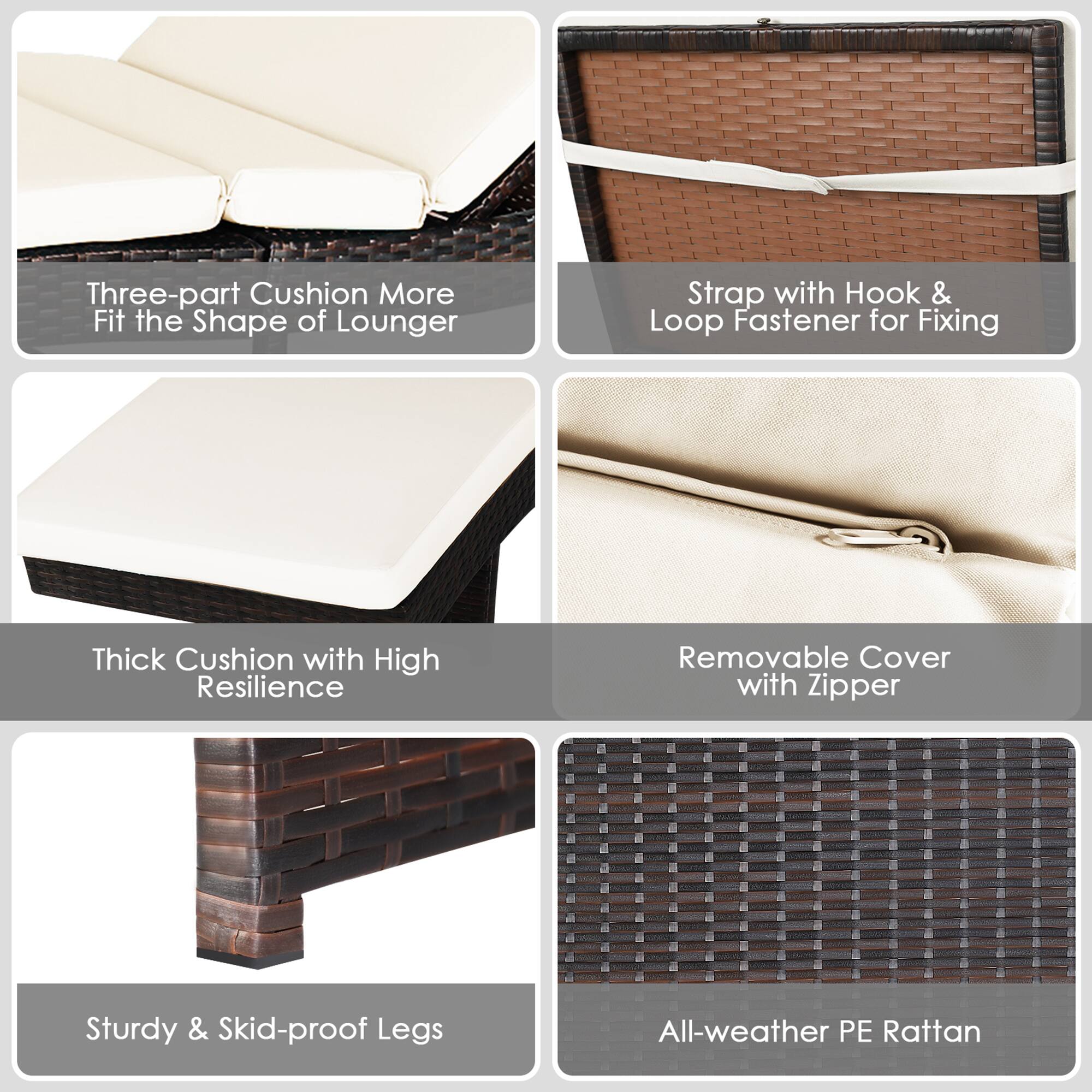 Three-part Cushion More Fit the Shape of Lounger, Strap with Hook & Loop Fastener for Fixing, Thick Cushion with High Resilience, Removable Cover with Zipper, Sturdy & Skid-proof Legs, All-weather PE Rattan