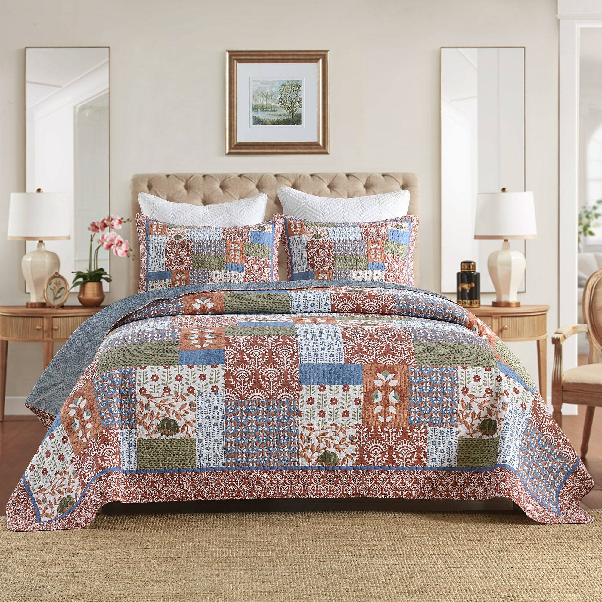 Front. MarCielo - MarCielo 3-Pieces Floral Patchwork Pattern Quilt Bedspread Set - Open Miscellaneous.