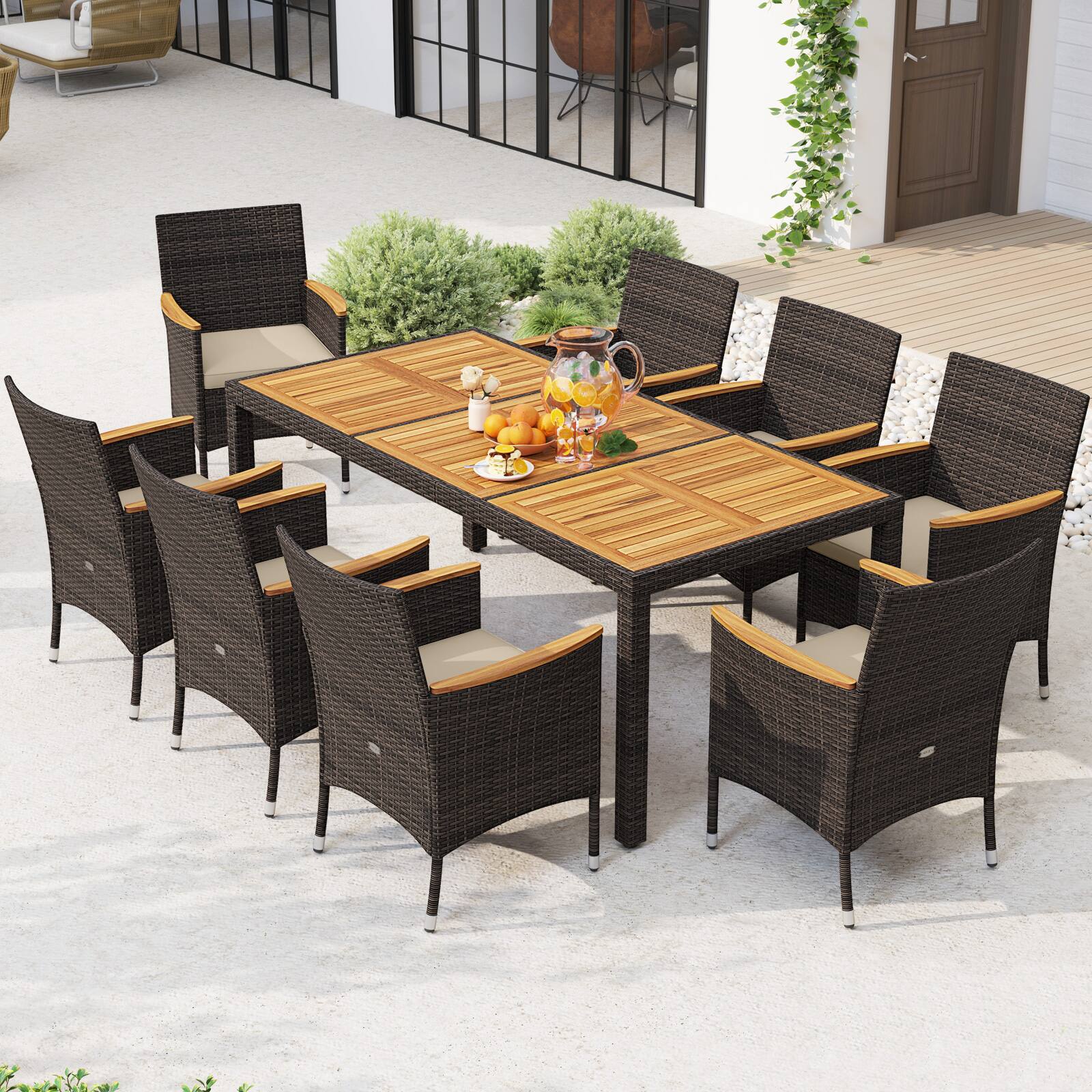 Alt View 3. Gymax - Gymax 9 Pieces Patio PE Wicker Dining Set Outdoor Acacia Wood Table & Chairs - Brown, Beige.