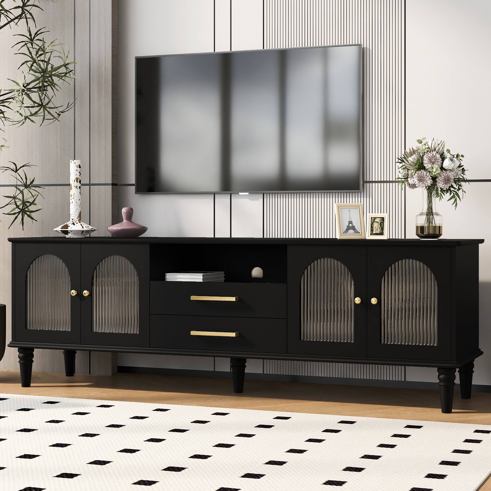 Back. Bestier - Bestier 69" Retro TV Stand for TVs up to 75", Entertainment Center Console with Arched Glass Doors,2 Storage Drawers - Black.