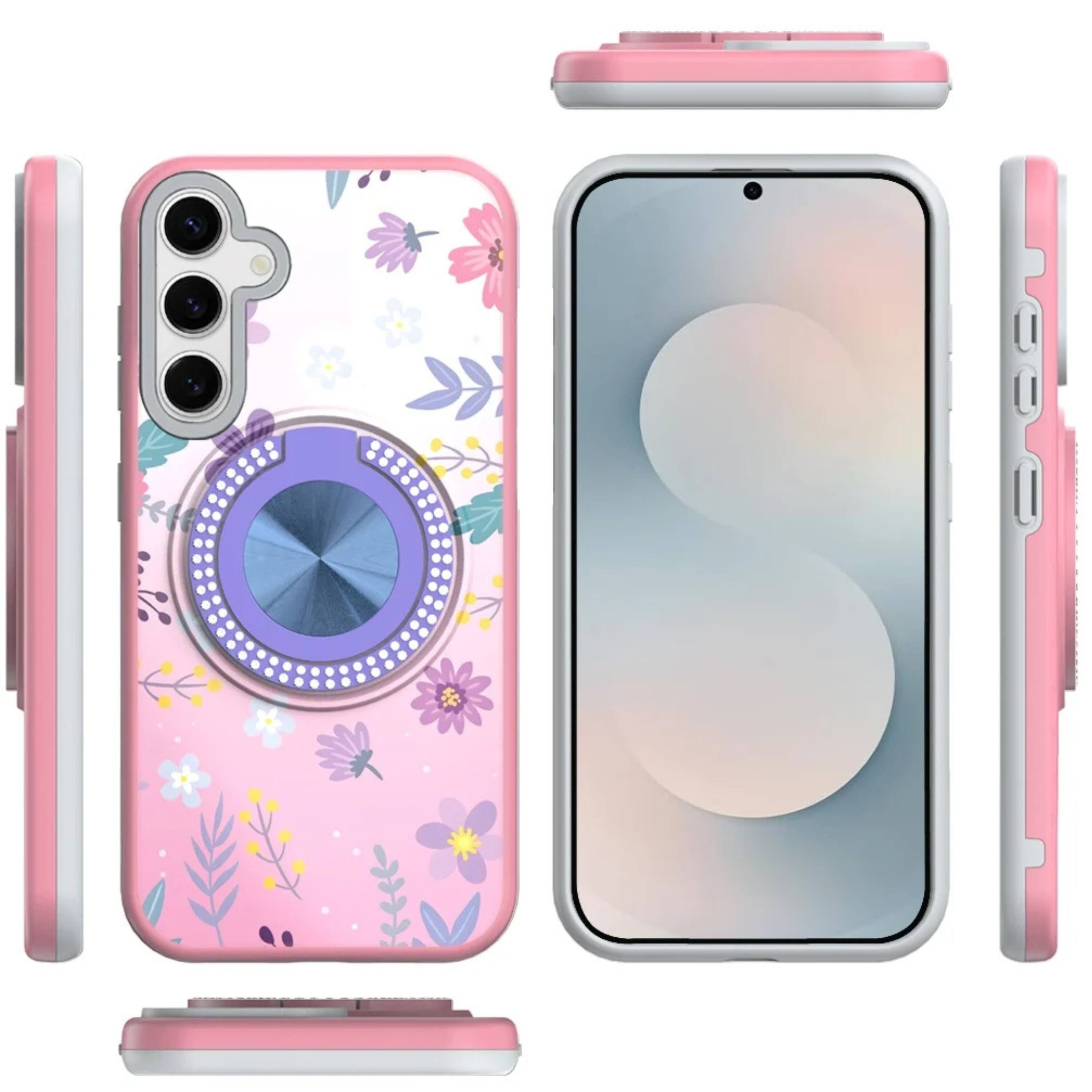 Angle. Kitcheniva - Printed Bling 360 Rotating Ring Stand Phone Case With Tempered Glass For Samsung S26 6.3 Inch Floral Garden - Pink.