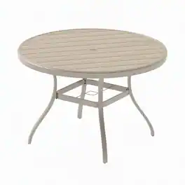 RYHNUYNE - Round Patio Dining Table, All-Weather Metal Table with Umbrella Hole for Deck Lawn Garden Backyard - Sandstone