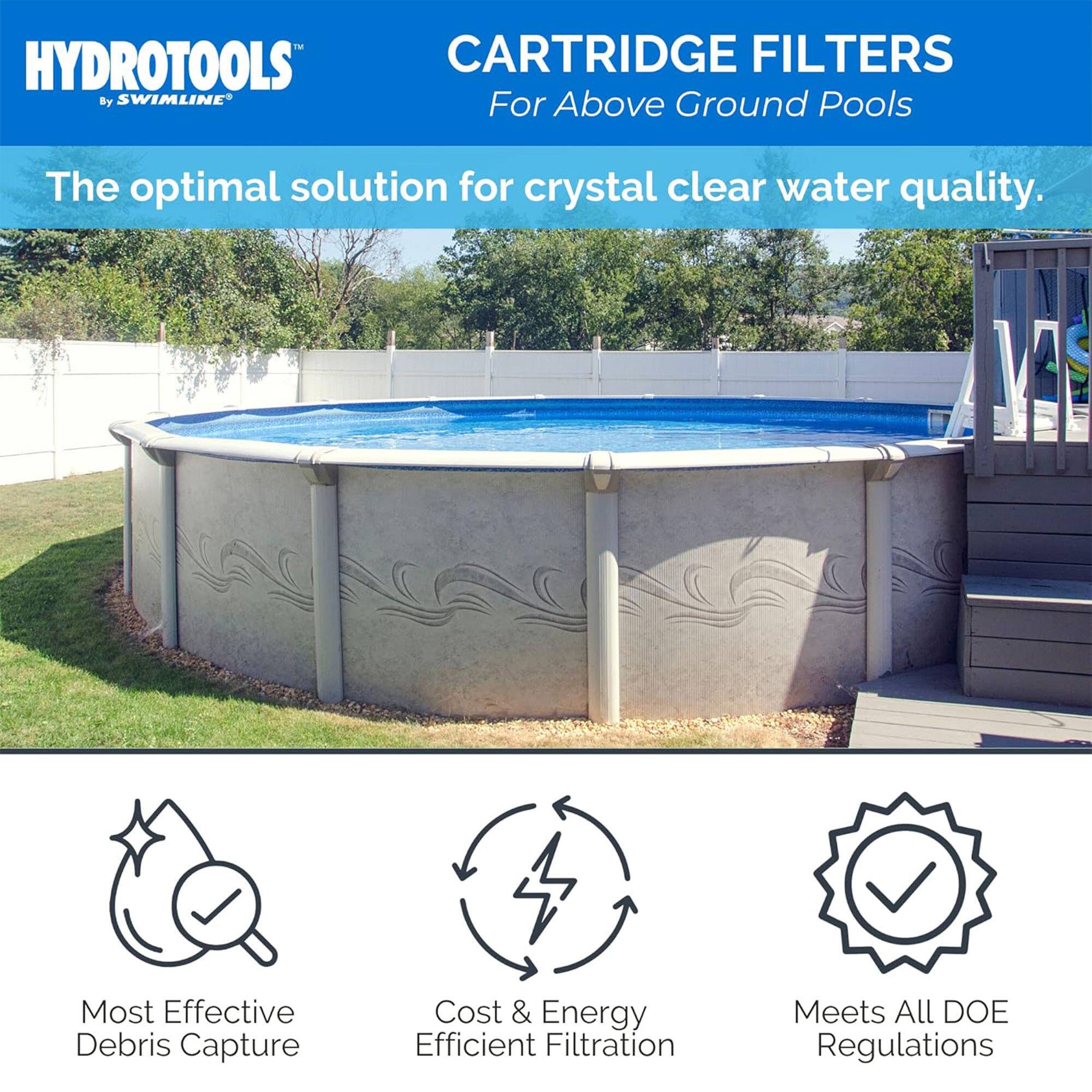 HYDROTOOLS CARTRIDGE FILTERS  
By SWIMLINE  
For Above Ground Pools  

The optimal solution for crystal clear water quality.  

Most Effective Debris Capture  
Cost & Energy Efficient Filtration  
Meets All DOE Regulations