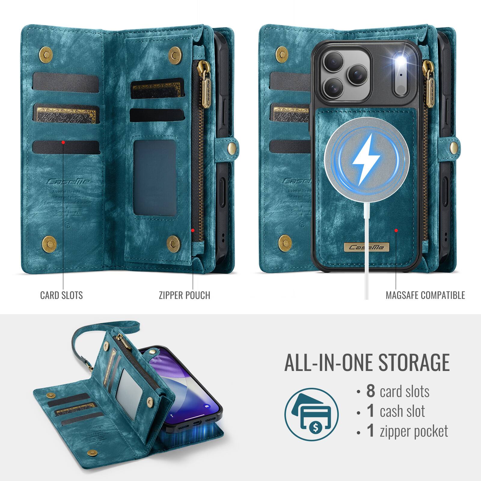 Cagelle APIEN  
Tmnn Srt CAge  
Tapis food o 6 Ces iia CARD SLOTS ZIPPER POUCH MAGSAFE COMPATIBLE  
nesee ALL-IN-ONE STORAGE  
8 card slots  
1 cash slot  
1 zipper pocket