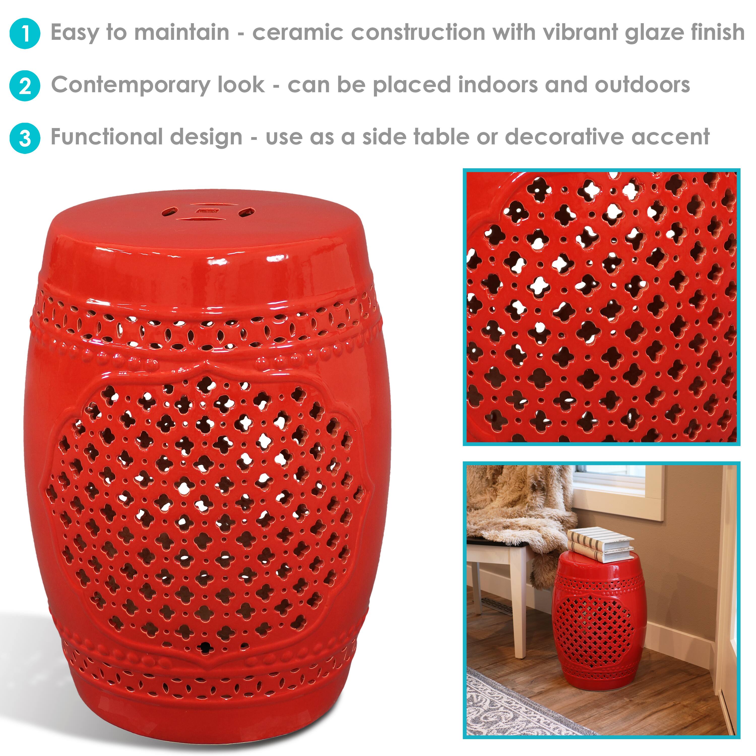 1. Easy to maintain - ceramic construction with vibrant glaze finish  
2. Contemporary look - can be placed indoors and outdoors  
3. Functional design - use as a side table or decorative accent
