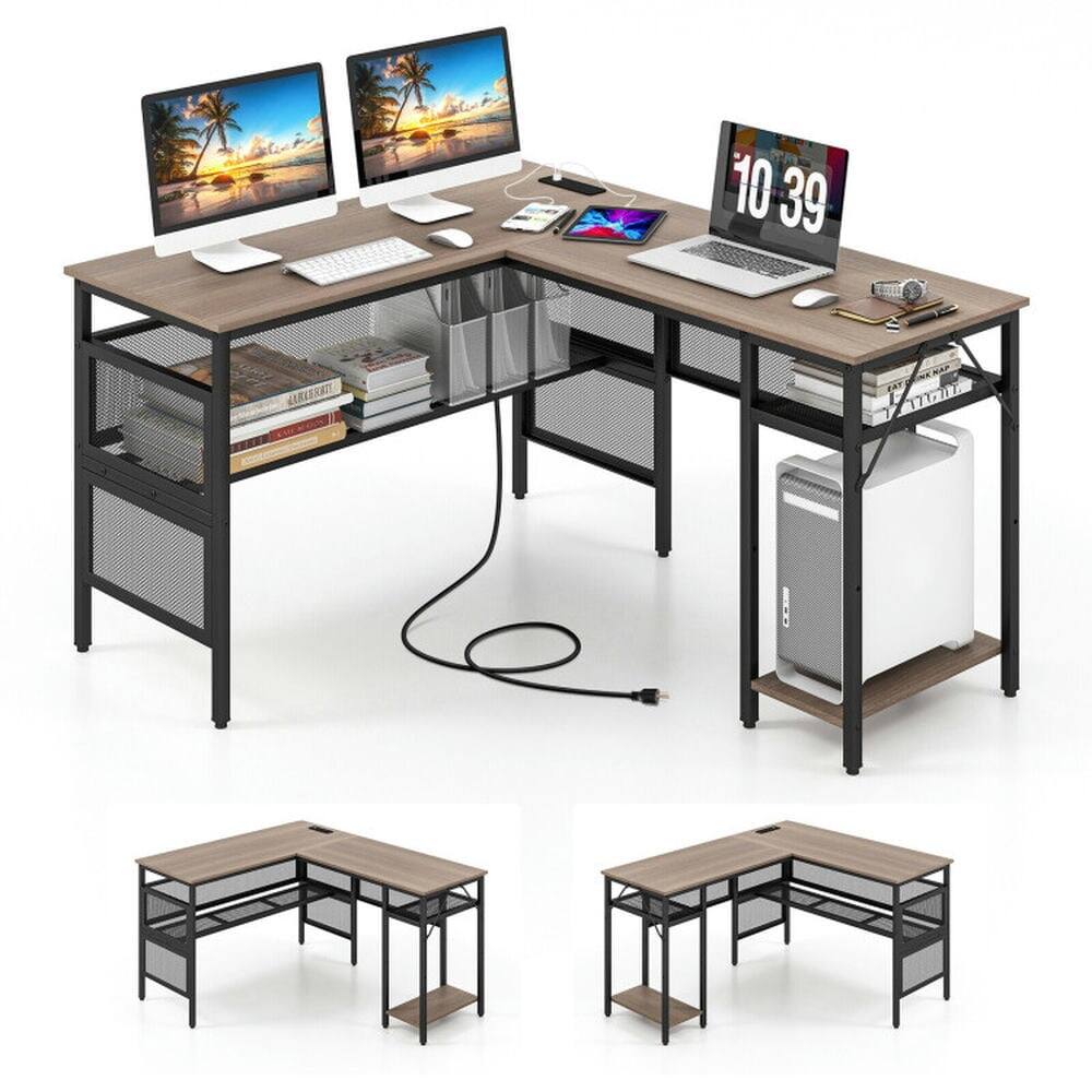 Back. Kadyn - L-Shaped Computer Desk with Charging Station and Adjustable Shelf-Gray, Home Office Desks, Computer Desks for Study - Gray.