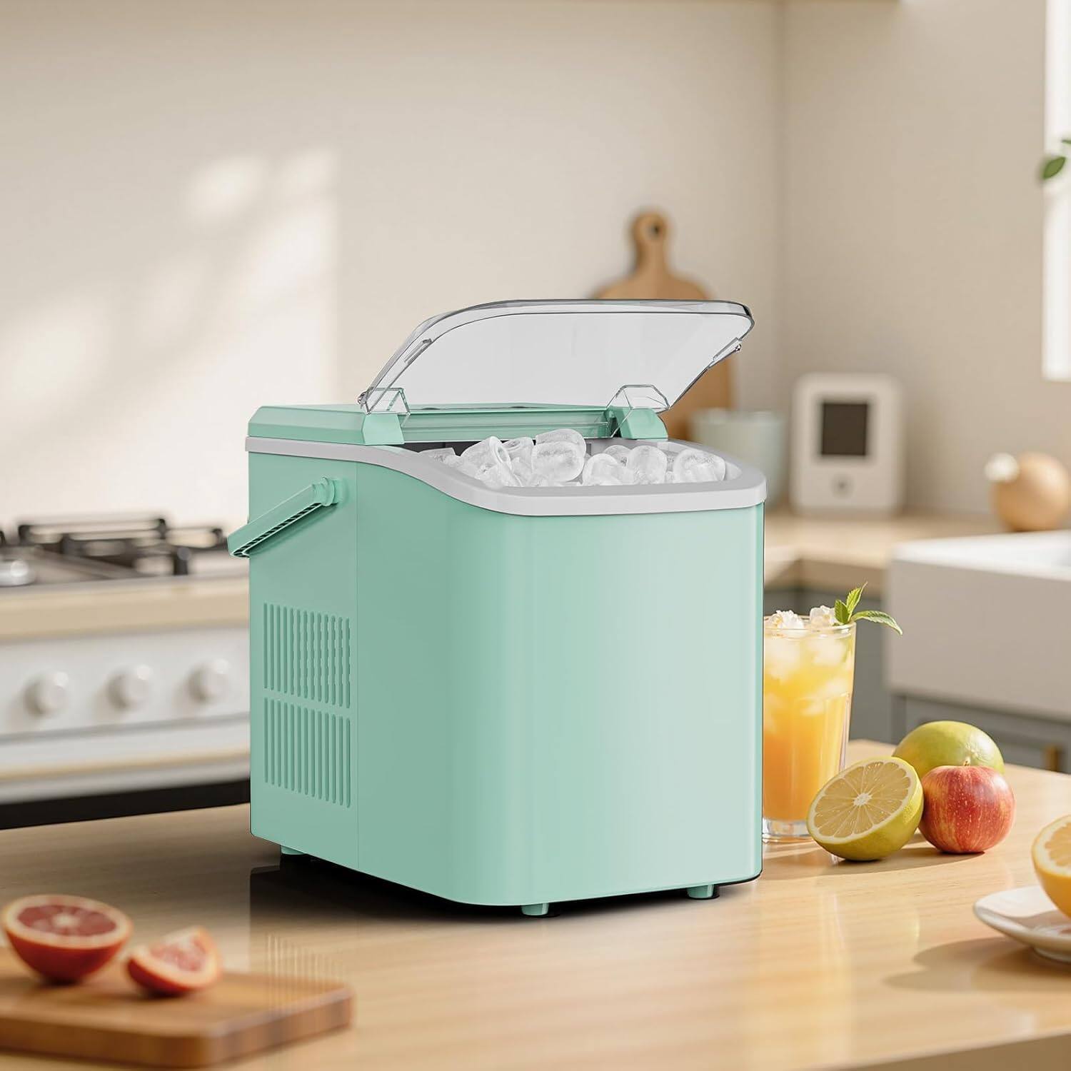 Alt View 4. AOITUN - Portable Countertop Ice Maker Green: 9 Cubes/6 Mins, 26.5lbs/24Hrs, 2 Sizes - Green.