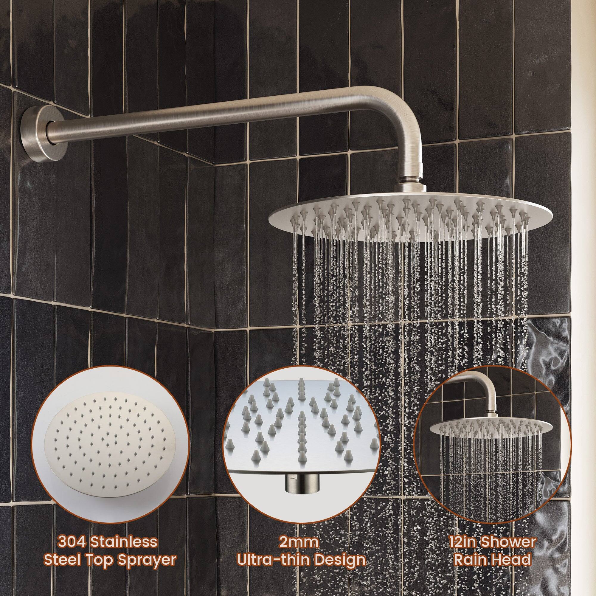 304 Stainless Steel Top Sprayer, 2mm Ultra-thin Design, 12in Shower Rain Head