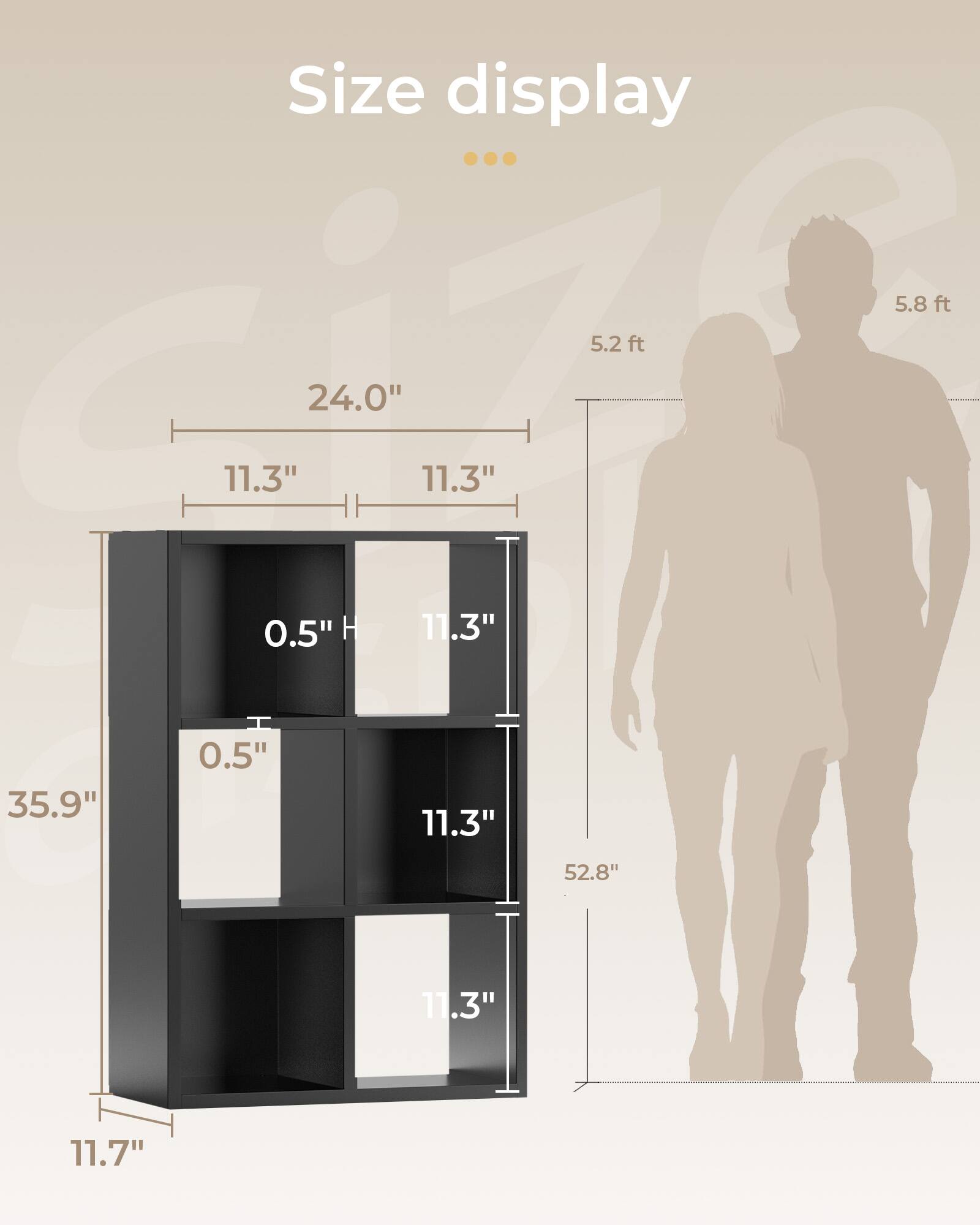 Size display

- 5.8 ft
- 5.2 ft
- 24.0"
- 11.3"
- 0.5" H
- 35.9"
- 52.8"
- 11.7"
- 11.3"
- 11.3"
- 11.3"
- 11.3"
- 11.3"