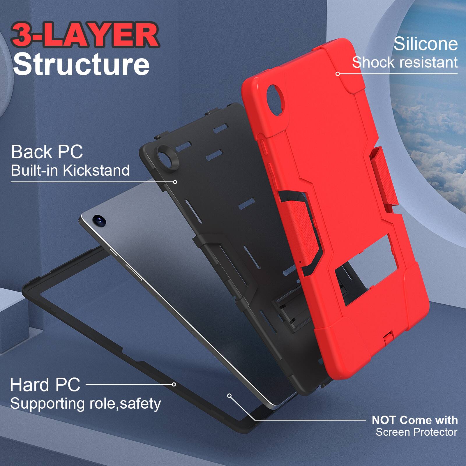 3-LAYER Structure Silicone Shock resistant Back PC Built-in Kickstand Hard PC Supporting role, safety NOT Come with Screen Protector
