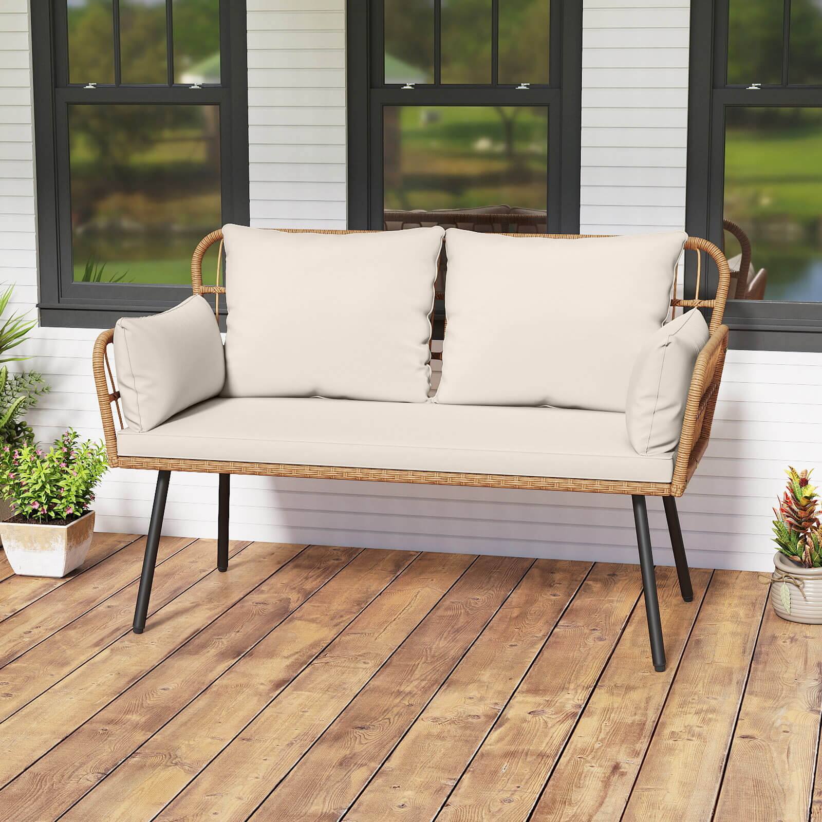 Alt View 1. Costway - Costway Patio Wicker Loveseat Furniture with Seat Back Cushions, Heavy-Duty Metal Legs - Off White.