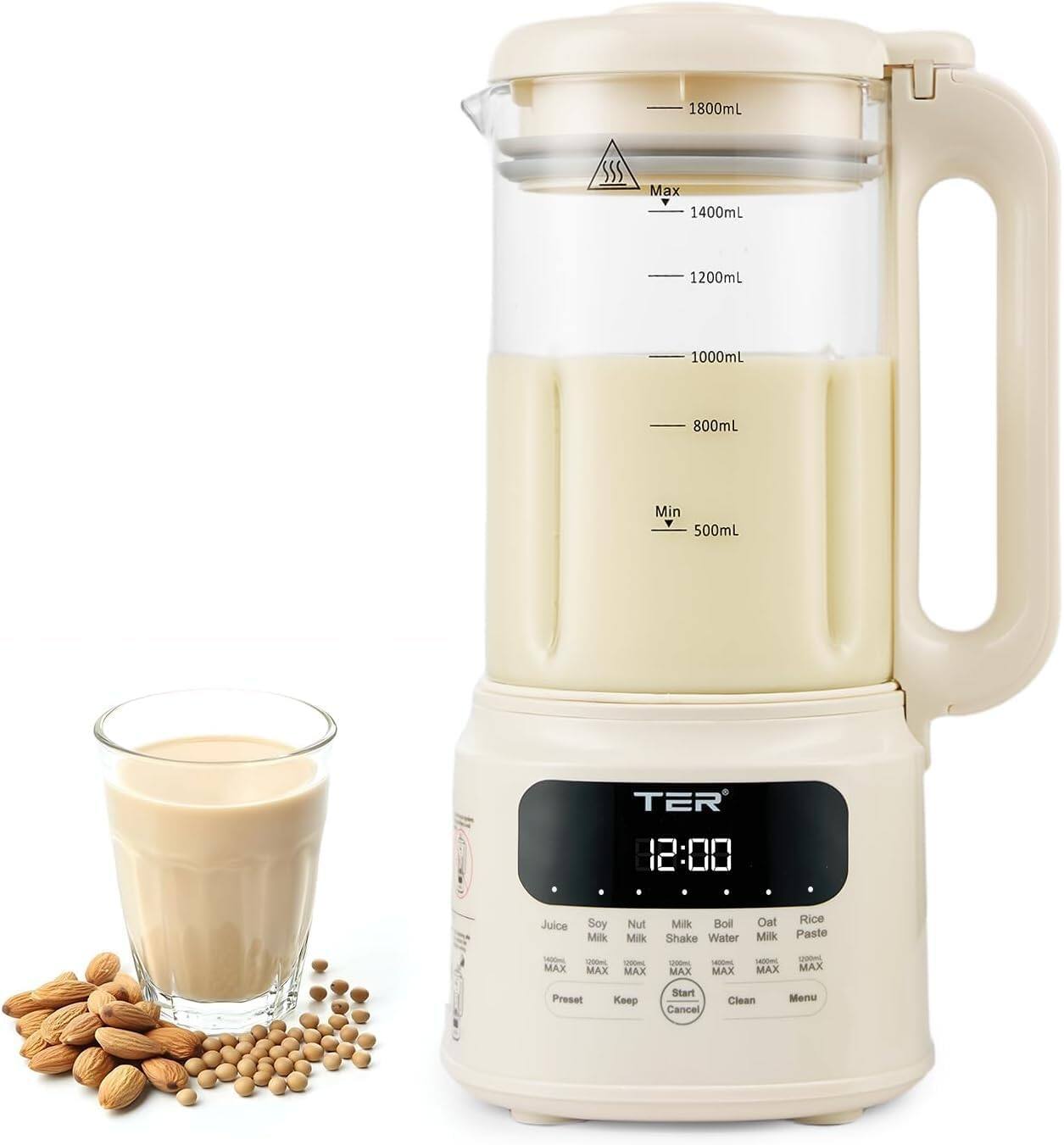 1800mL SSS Max 1400mL 1200mL 1000mL 800mL Min 500mL TER 12:00 Juice Soy Milk Nut Milk Milk Boil Shake Water Oat Milk Rice Paste I MAX I MAX - MAX - MAX - MAX - MAX - MAX Preset Keep Start Cancel Clean Menu