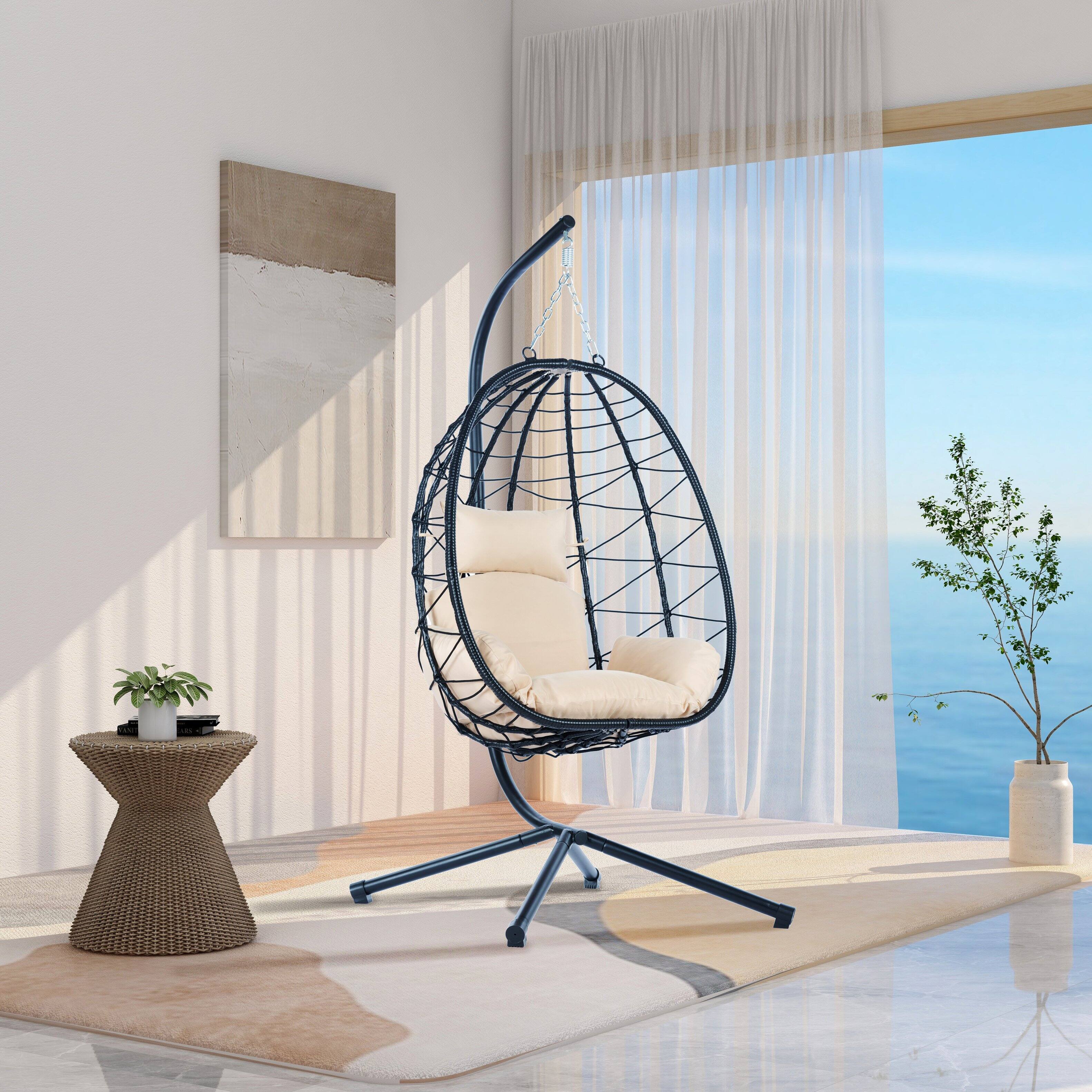 Back. Tiramisubest - Egg Chair with Stand Indoor Outdoor Swing Chair Patio Wicker Hanging Egg Chair for Bedroom,Living Room,Balcony - Beige.
