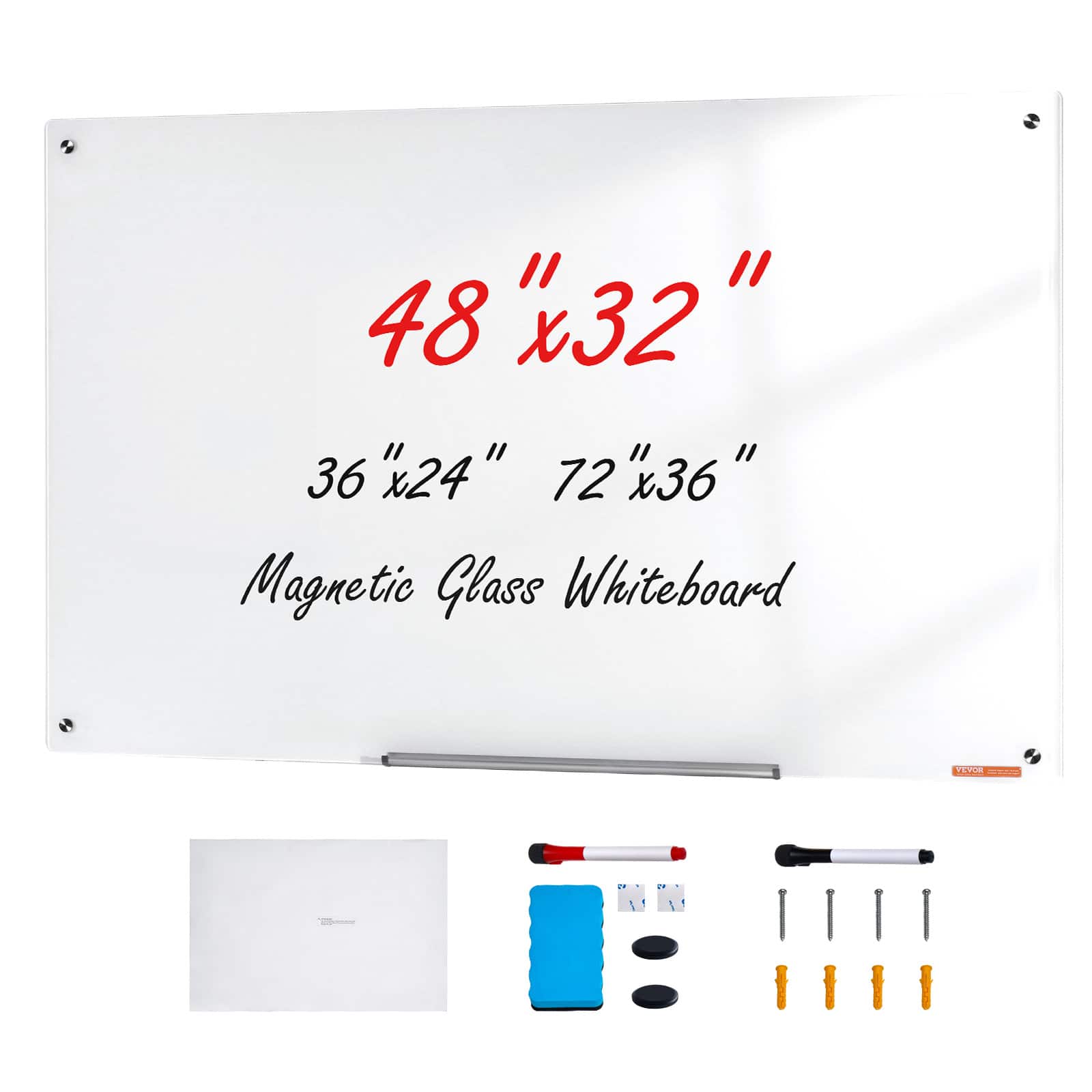 VEVOR - Magnetic Glass Whiteboard, Dry Erase Board 48"x32", Wall-Mounted Large Glassboard Frameless - White