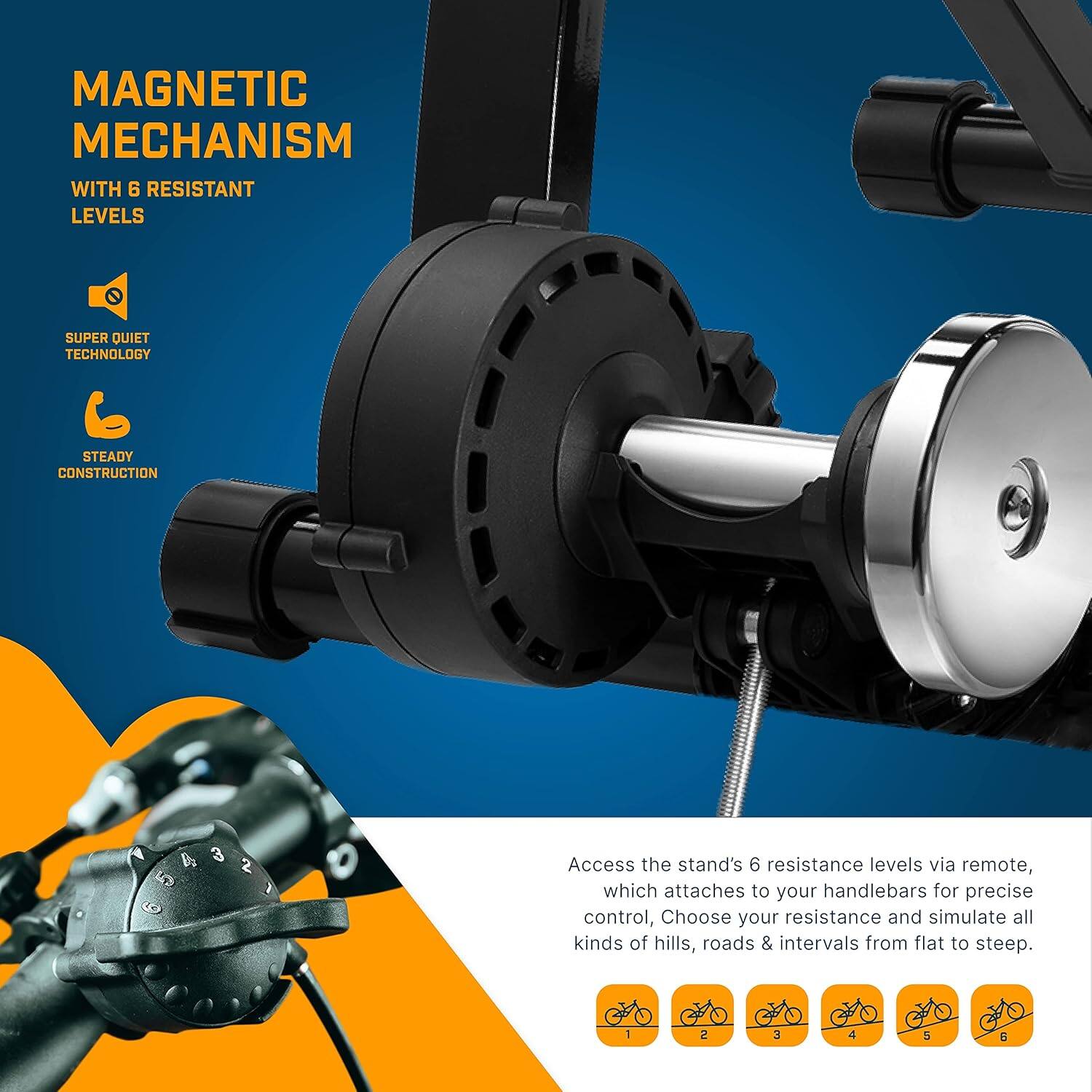 Magnetic Mechanism with 6 Resistance Levels, Super Quiet Technology, Steady Construction. Access the stand's 6 resistance levels via remote, which attaches to your handlebars for precise control. Choose your resistance and simulate all kinds of hills, roads, and intervals from flat to steep.