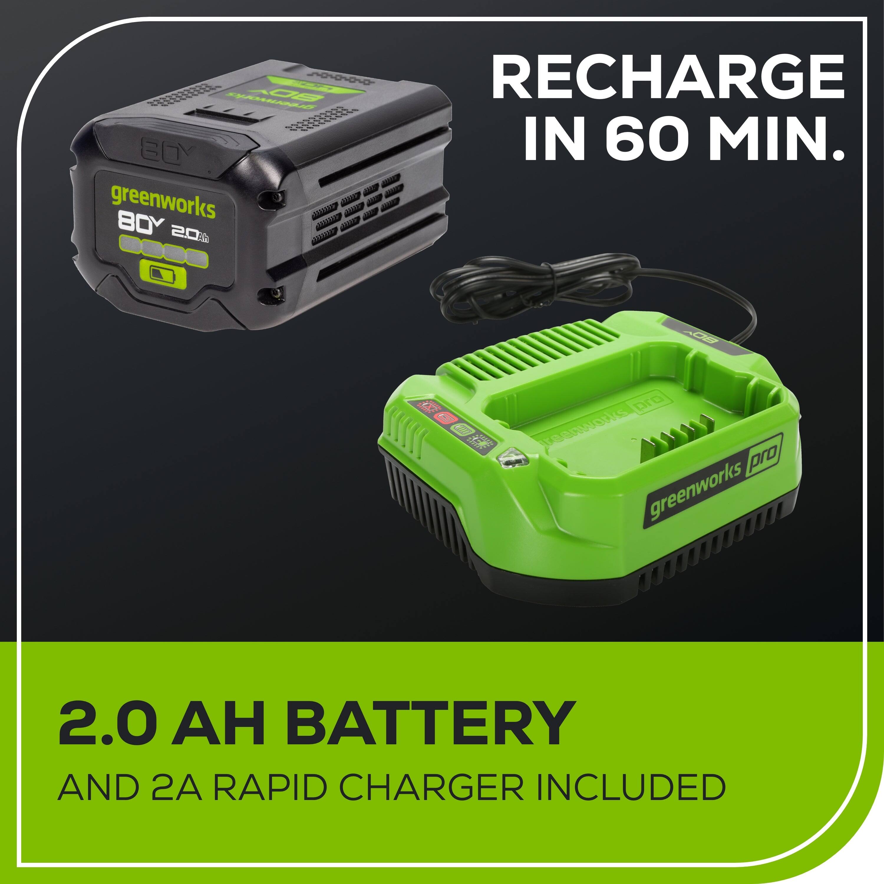0000020 A0O - D RECHARGE IN 60 MIN. - - - greenworks - - AI - - 80Y - 201 E G Dra TEORWOWS pro greenworks 2.0 BATTERY AND 2A RAPID CHARGER INCLUDED