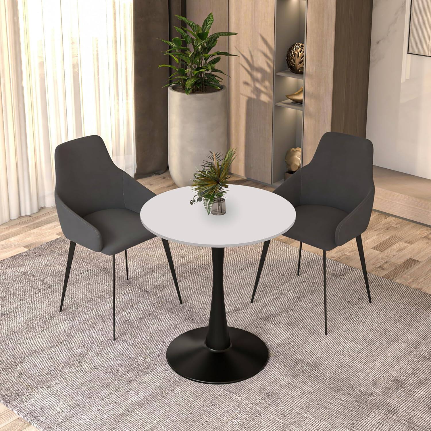 Left. LeisureMod - Bristol 24 in. Round Dining Table – Modern MDF Top Accent Café Table & Sturdy Steel Black Pedestal Base - White.