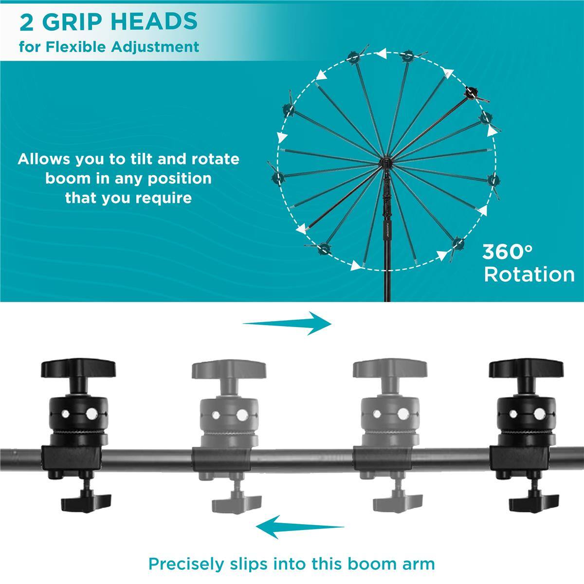 2 GRIP HEADS for Flexible Adjustment

Allows you to tilt and rotate boom in any position that you require

360° Rotation

Precisely slips into this boom arm