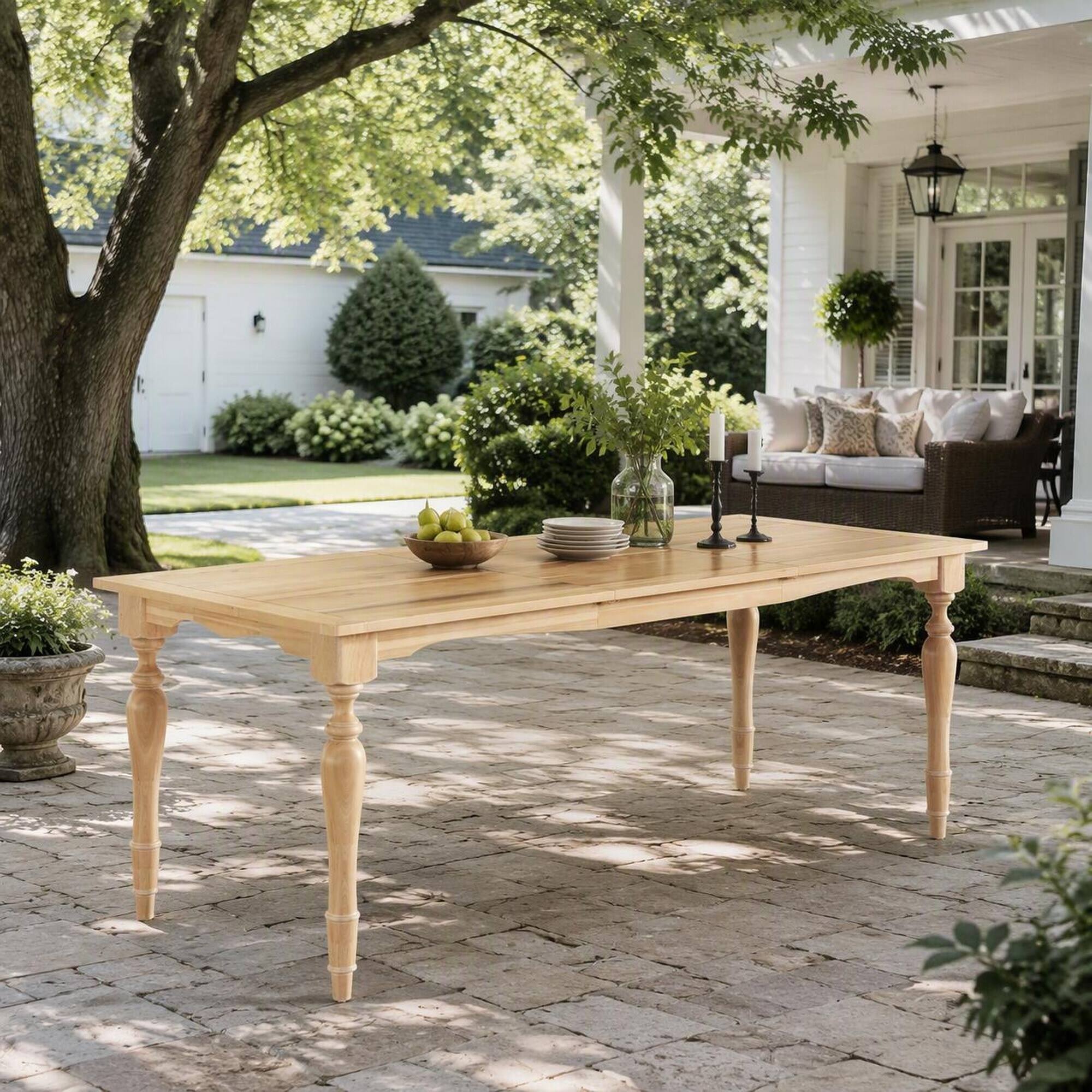 Angle. RYHNUYNE - Farmhouse Wood Outdoor Dining Table,Rectangular Natural Patio Table with Turned Legs for Backyard Porch Garden - Natural.