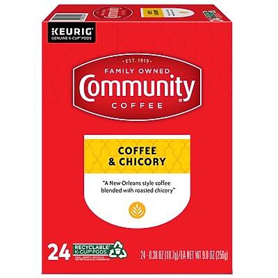 KEURIG GENUINE K-CUP PODS

EST. 1919 FAMILY OWNED Community COFFEE

COFFEE & CHICORY
"A New Orleans style coffee blended with roasted chicory"

24 RECYCLABLE K-CUP PODS

24 - 0.33 OZ (10.7g)/EA NET WT 9.0 OZ (255g)