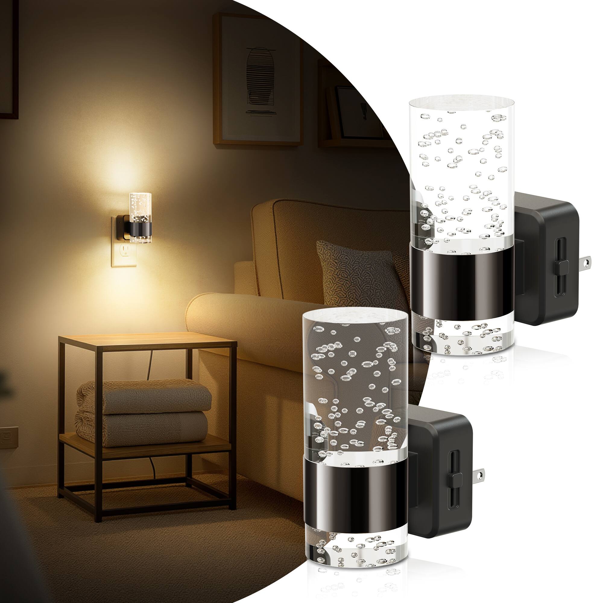 Angle. Jandcase - JANDCASE 2-Pack 1W  Plug-in Night Light, 3000K Warm Glow, Bubble Acrylic Pillar, Up/Down Light - Black.