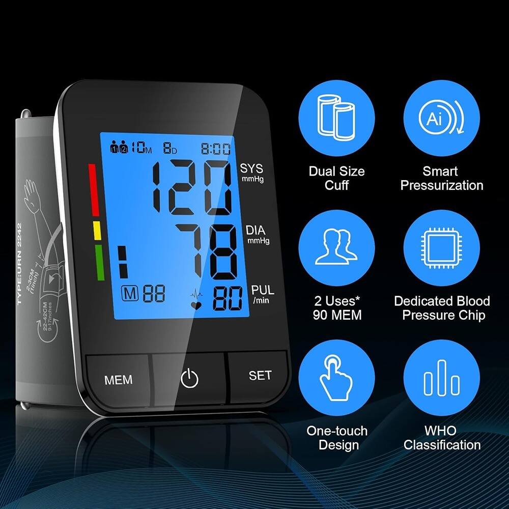 Sure, here is the corrected and grouped text from the image:

---

**2242 TYPE: URN 2-3GM (1 inch) 22-42CM 17 inches**

- **10M** 8D
- **8:00**
- **SYS** 120 mmHg
- **DIA** 78 mmHg
- **PUL** 80 /min
- **M** 88

**Dual Size Cuff**

**2 Uses***

**90 MEM**

**Ai Smart Pressurization**

**Dedicated Blood Pressure Chip**

**One-touch Design**

**WHO Classification**

**MEM**

**SET**

---

This text is organized to reflect the information displayed on the blood pressure monitor and its features.