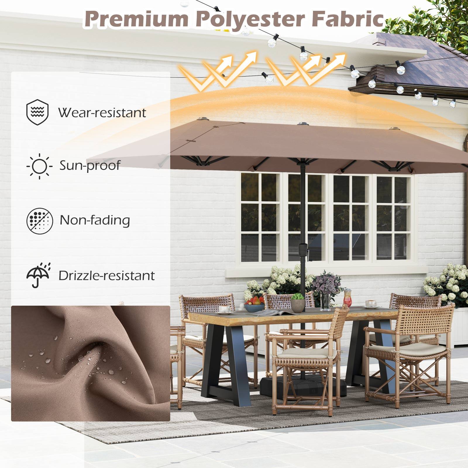 Premium Polyester Fabric
Wear-resistant
Sun-proof
Non-fading
Drizzle-resistant