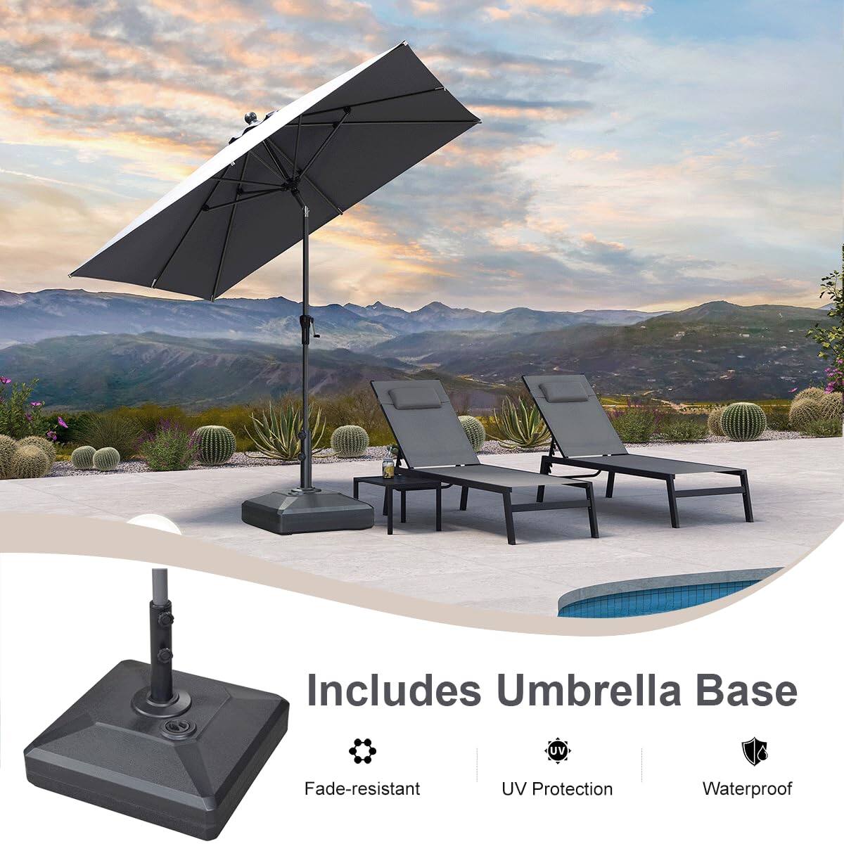Includes Umbrella Base  
- Fade-resistant  
- UV Protection  
- Waterproof