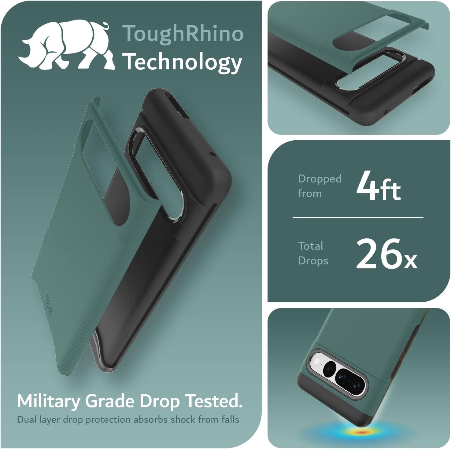 ToughRhino Technology

Dropped from 4ft

Total Drops 26x

Military Grade Drop Tested.
Dual layer drop protection absorbs shock from falls