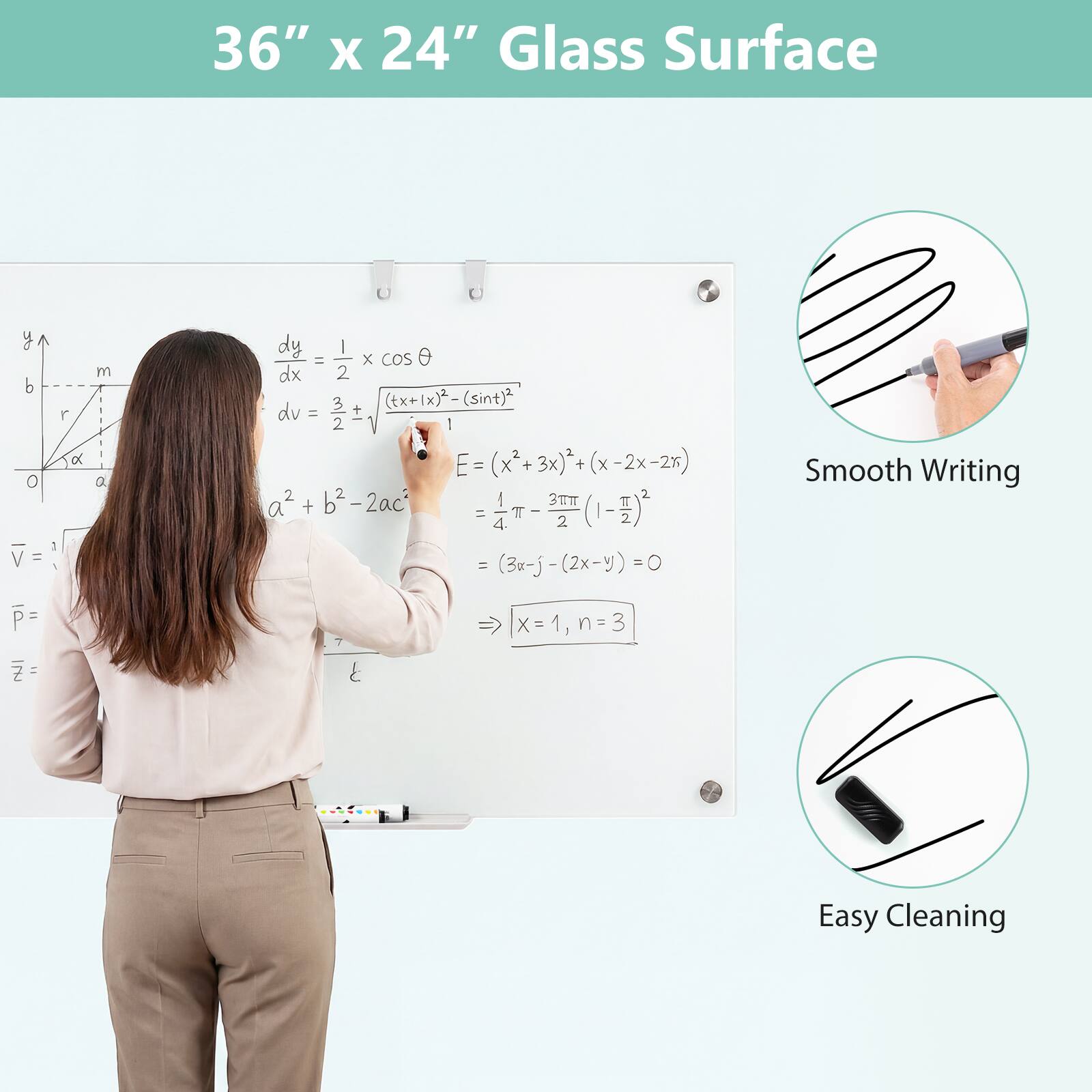 36" x 24" Glass Surface

Smooth Writing

Easy Cleaning