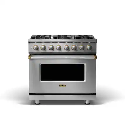 Front. Viking - 5-Series 5.6 Cu. Ft. Self-Cleaning Freestanding Dual Fuel Convection Range - Stainless with Brushed Brass Accents.