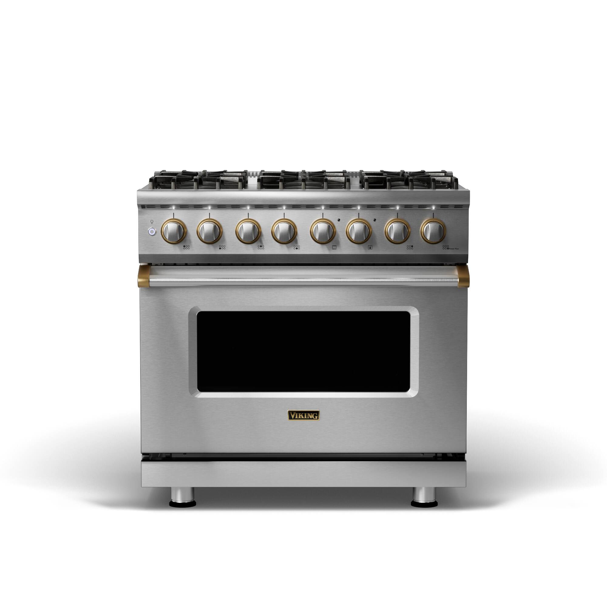 Front. Viking - 5-Series 5.6 Cu. Ft. Self-Cleaning Freestanding Dual Fuel Convection Range - Stainless with Brushed Brass Accents.