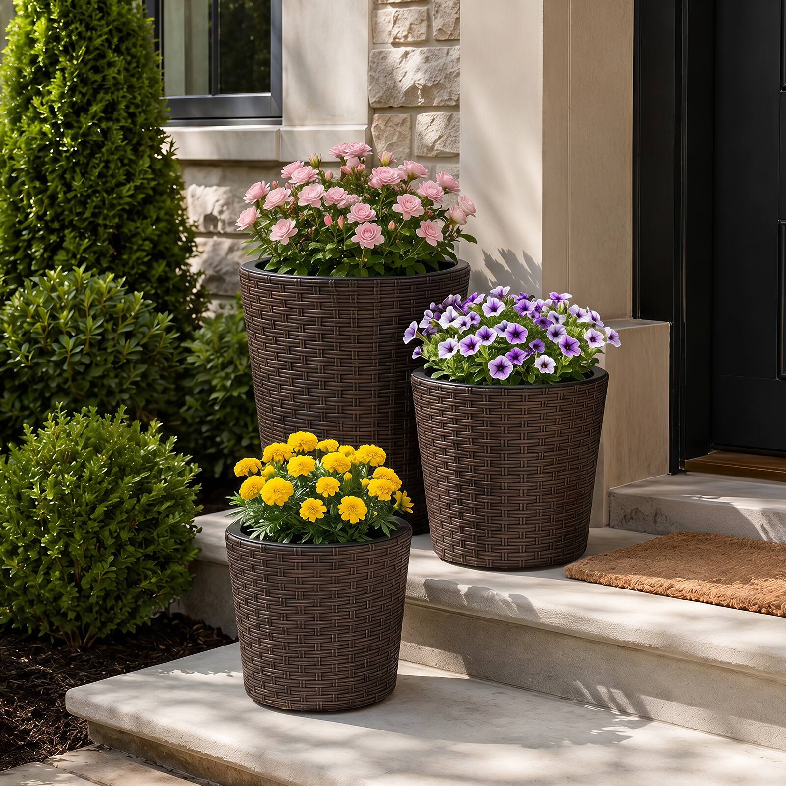 Alt View 1. Costway - Costway 3PCS Plastic Planters, 14 & 11 & 9 Inch Taper Rattan Planters with Drainage Holes - Brown.
