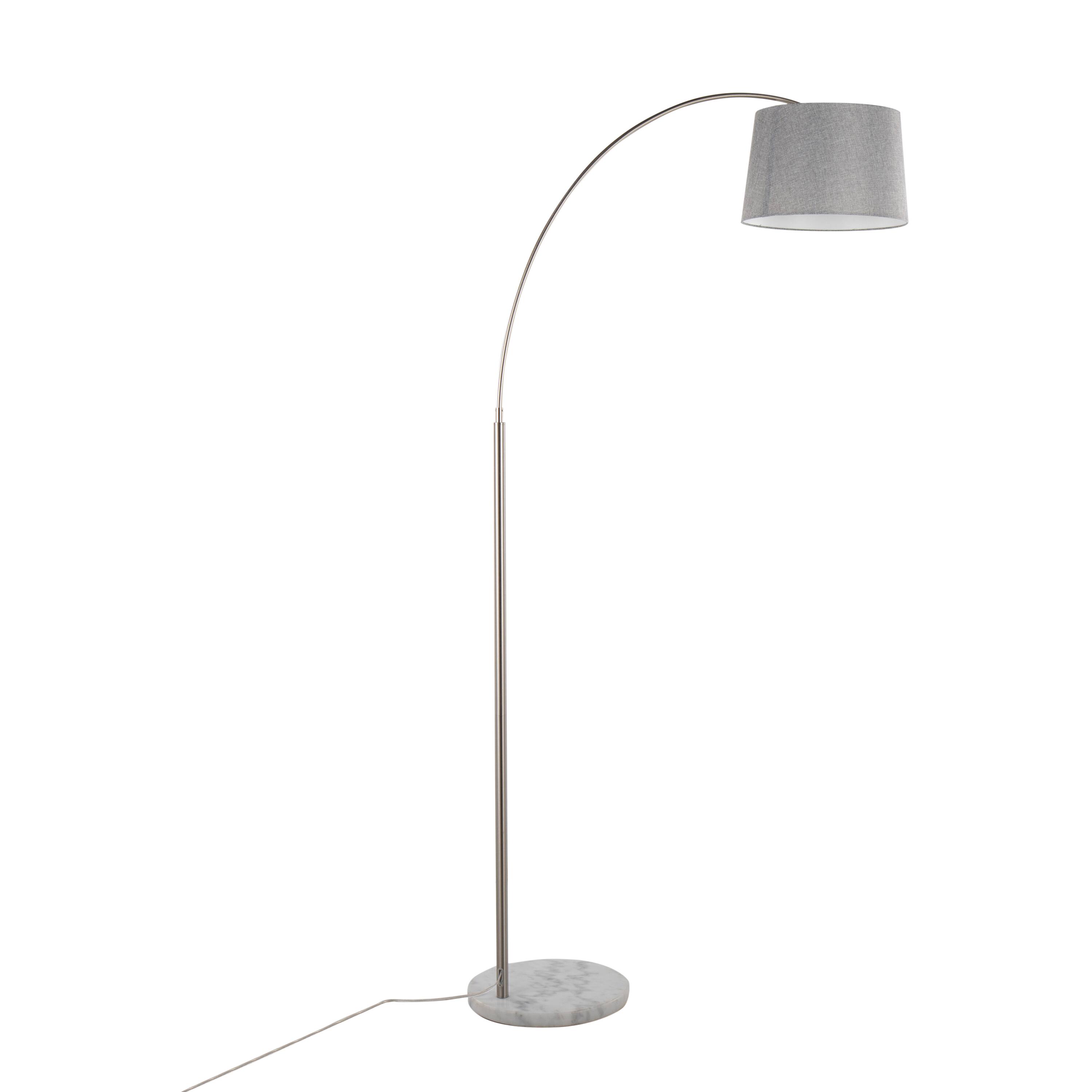 Back. Loheer - Loheer March Contemporary Arc Floor Lamp White Marble Base Nickel Finish with Grey Linen Shade for Living Room - Nickel.
