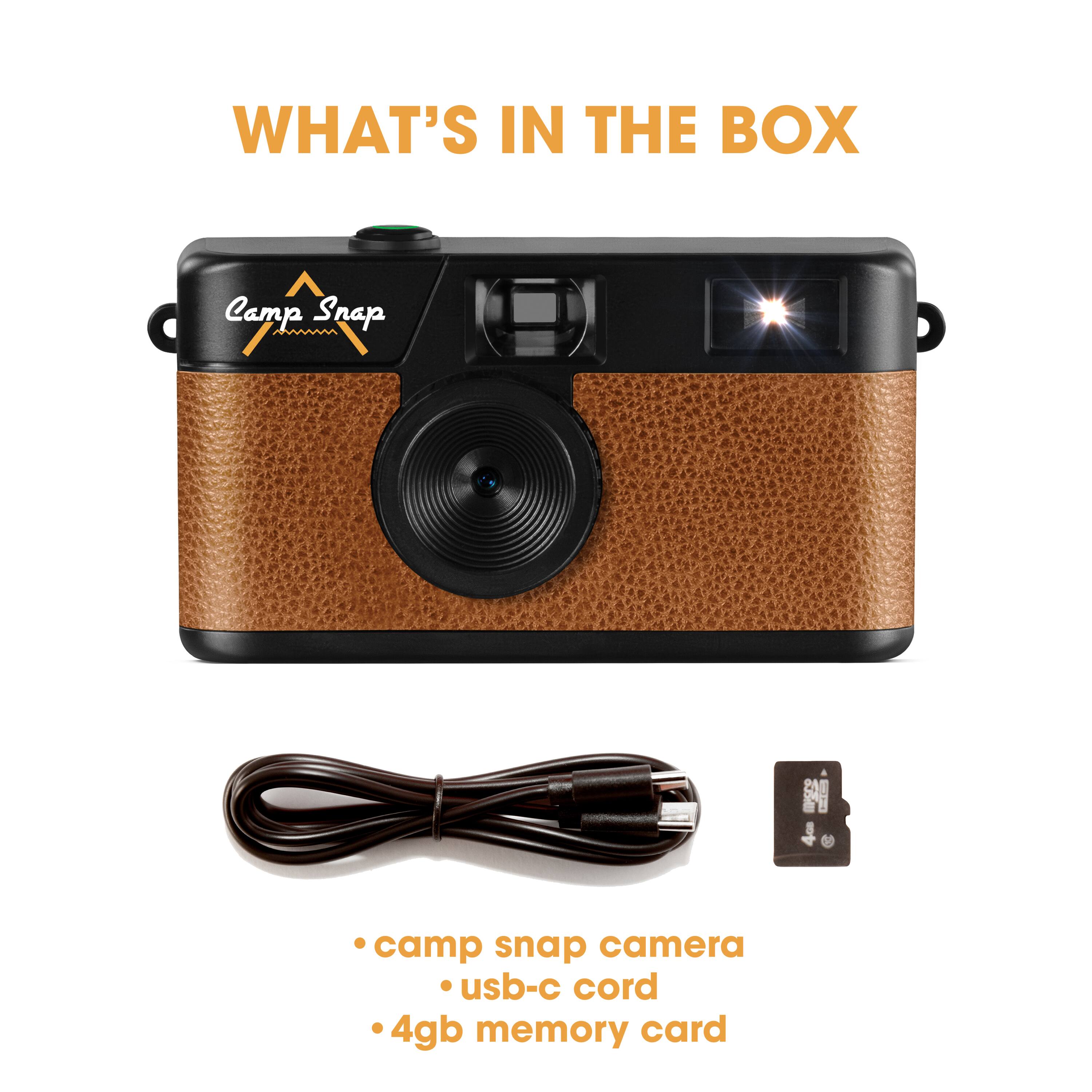 WHAT'S IN THE BOX

- camp snap camera
- usb-c cord
- 4gb memory card
